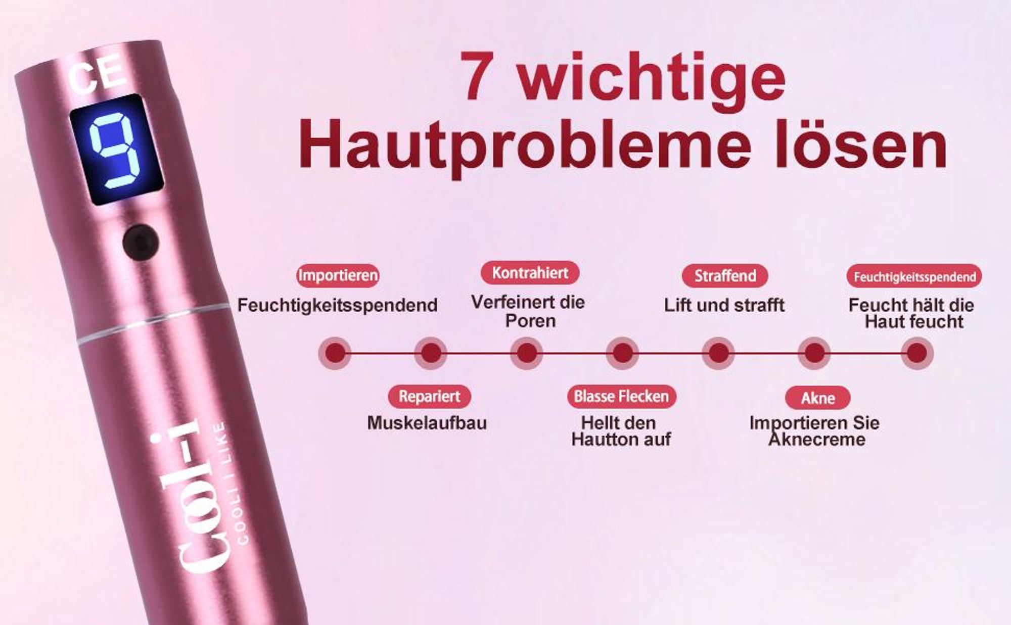 Cool-i® Mikromassage-Hautpflegegerät mit 7 LED-Farben, 9 Stufen, LCD & 12 Aufsätzen – Für kosmetische Gesichtspflege und ebenmäßigen Teint, Modell:V2