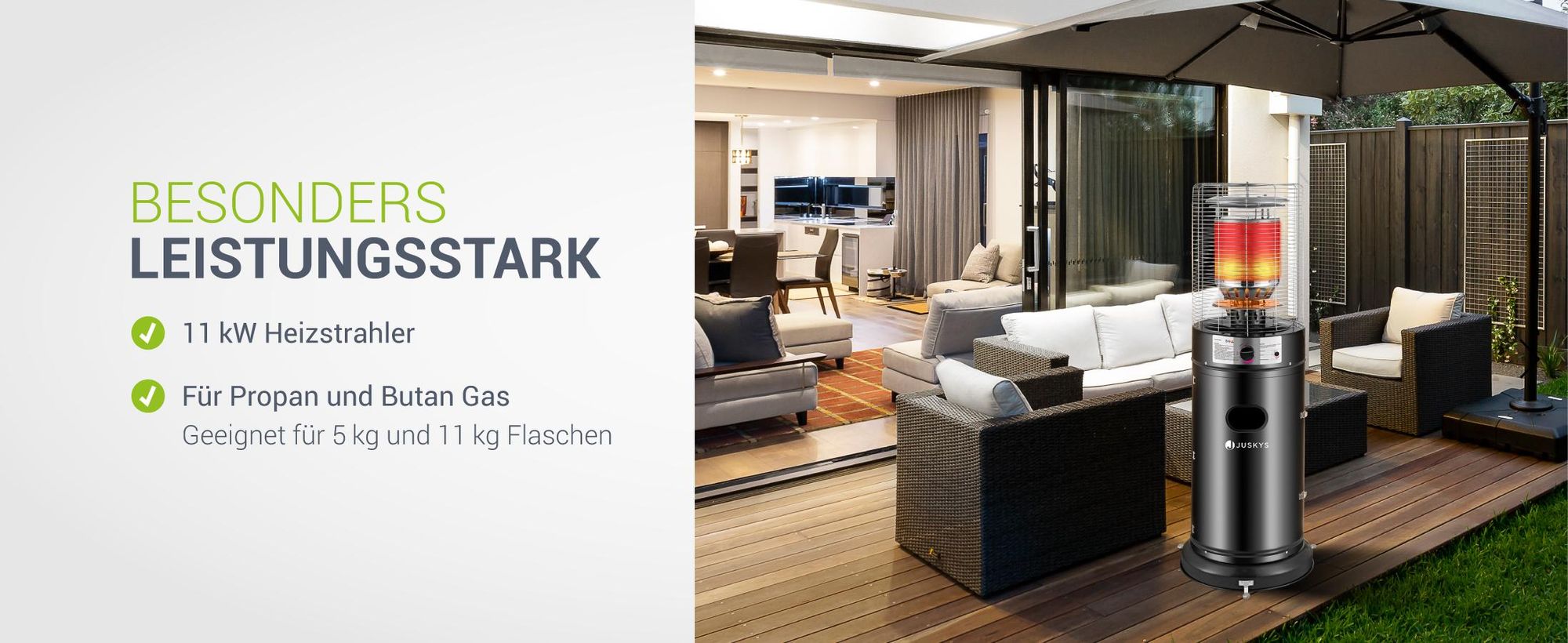 Juskys Outdoor Heizstrahler Cuna mit 11 kW Gas-Brenner - Heizpilz Terrassenheizer mit Gas für Terrasse Balkon und Garten - für 5 und 11 kg Gasflaschen