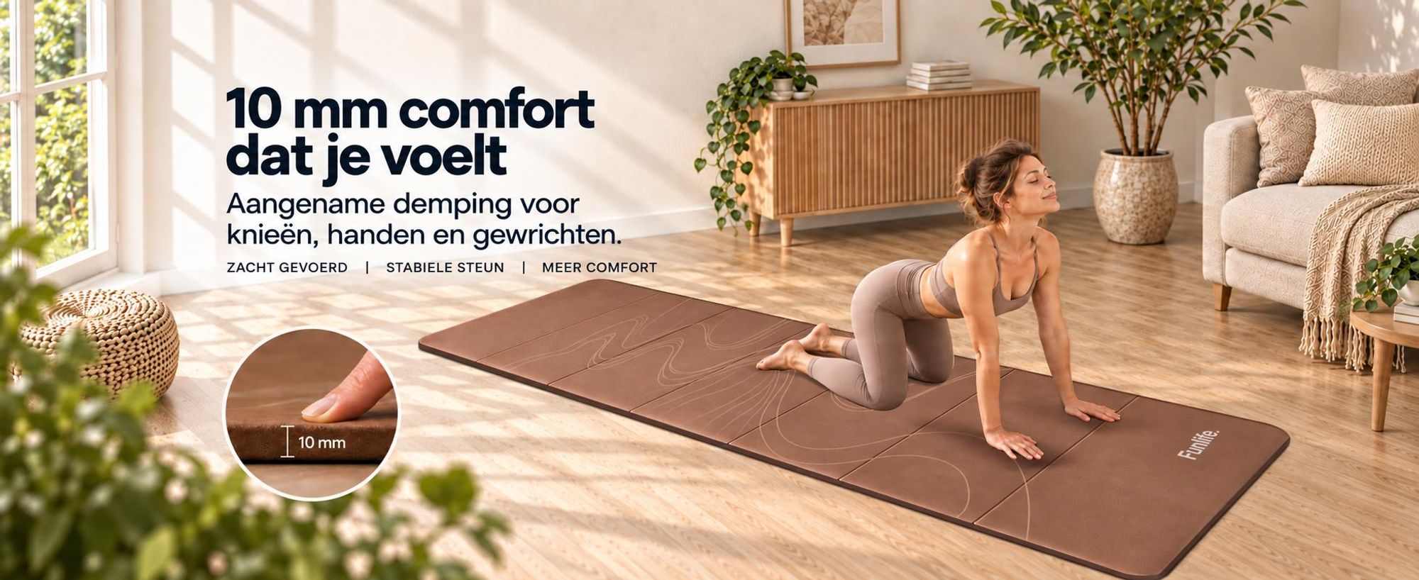 FunLife Opvouwbare Yogamat XXL, 190x66 cm – 10 mm dik, antislip fitness- en gymnastiekmat voor yoga, Pilates, thuisoefeningen en buitenshuis