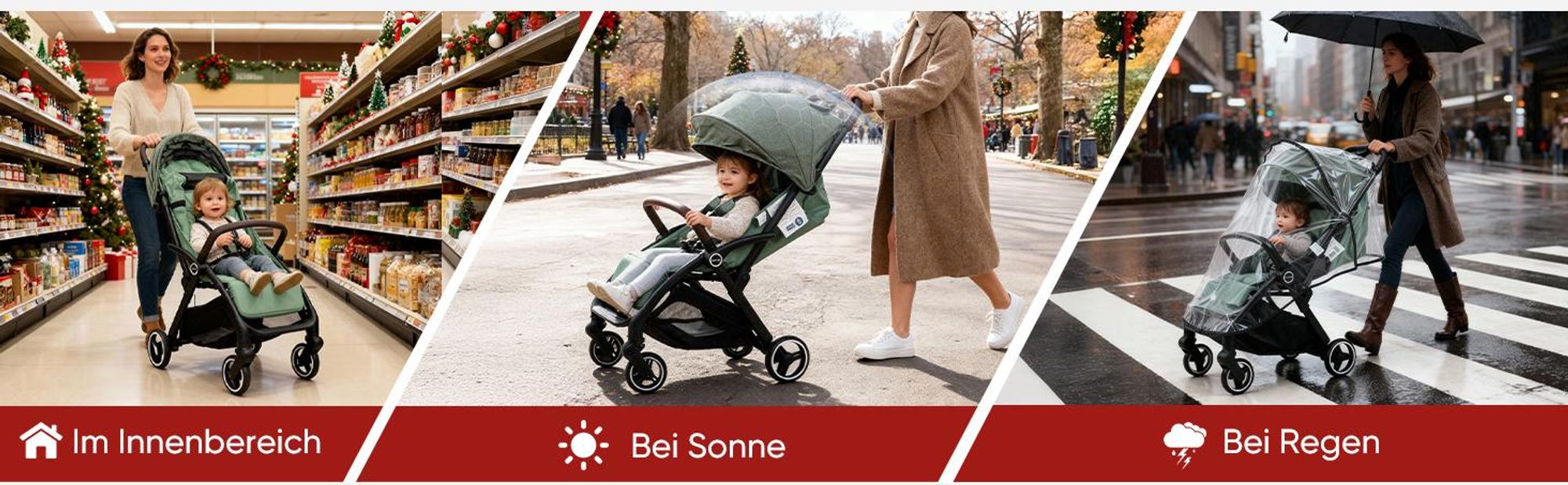 Sekey Kinder Buggy Reise Kinderwagen bis 22 kg verstellbare Rückenlehne, Regenschutz und Sichtfenster, Einhand-Faltmechanismus, Schwarz und Grün