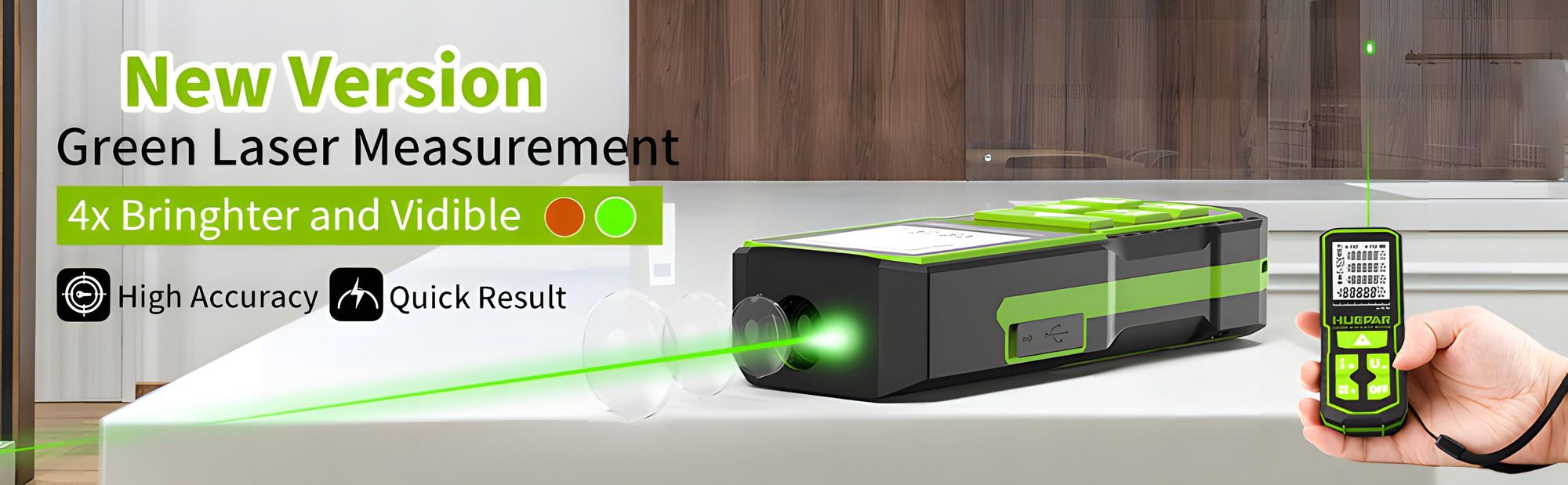 Huepar S100-G Laser-Entfernungsmesser 100m Grün, Dual-Winkel, USB-C, IP54