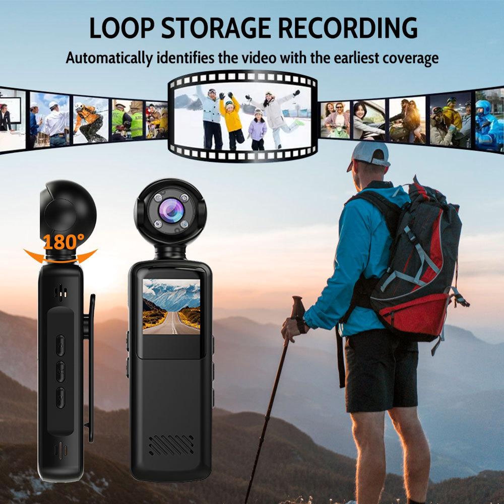 1080p-HD-Actionkamera handgeführte und aufsteckbare kompakte tragbare Taschenkamera mit Nachtsichtfunktion und Bildstabilisierung für Outdoor-Sport
