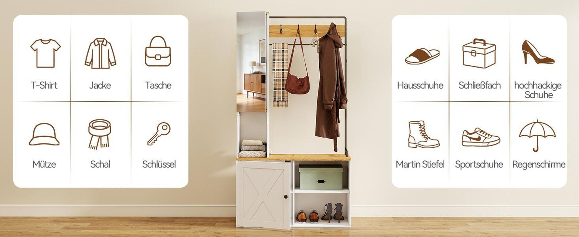 Puluomis Garderobe mit Spiegel & Schuhbank, Multifunktions-Kleiderständer mit Aufbewahrungsregal, 4 Doppelhaken, verstellbarem Schuhregal, 90cm weiß