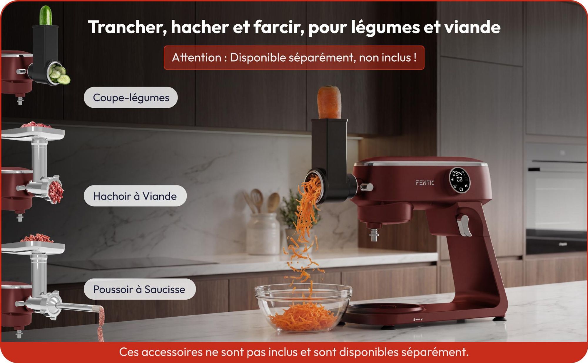 Fentic Robot pâtissier 1800W, Bol inox 7L, Pétrin pour pâte à pain & à pizza, Mouvement planétaire, 10 vitesses minuteur & pare-éclaboussures