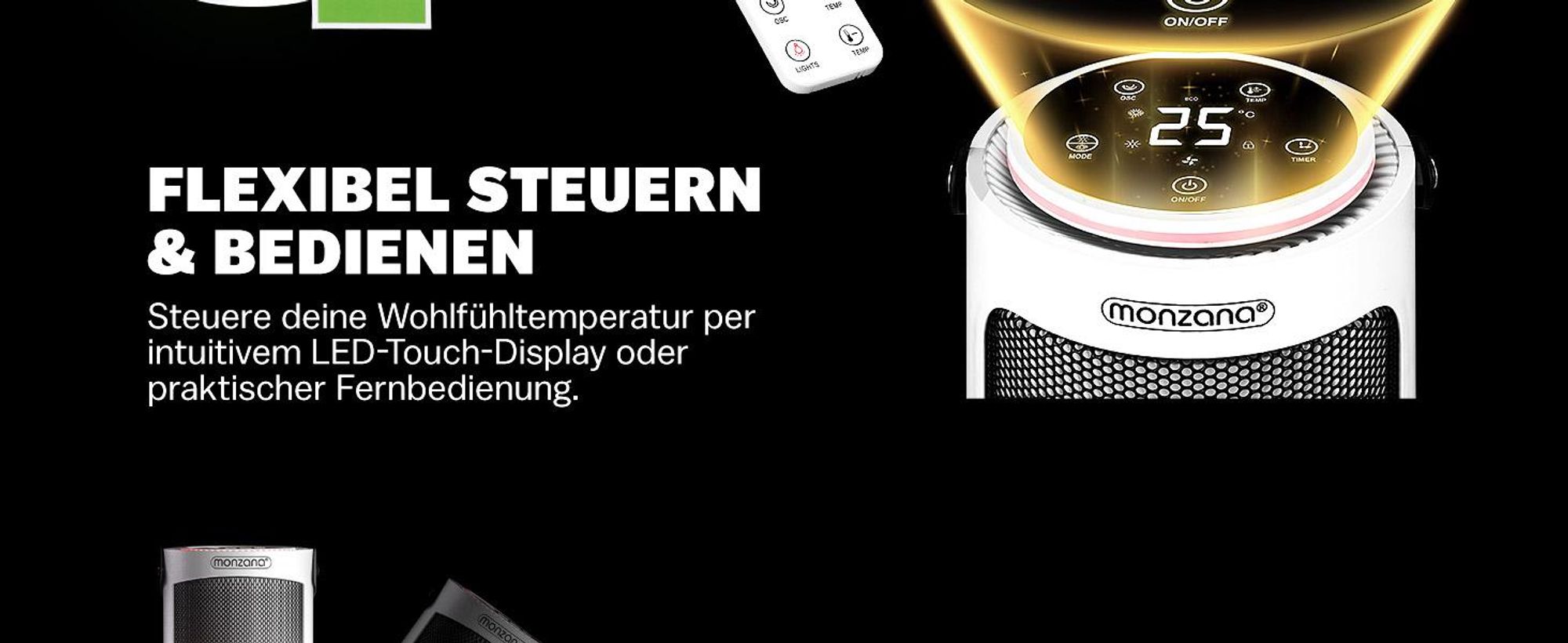 MONZANA® Keramik Heizlüfter 2000W 4 Betriebsmodi 15-35°C Energiesparend 70° Oszillation Timer Leise Fernbedienung Elektroheizung Heizstrahler weiss