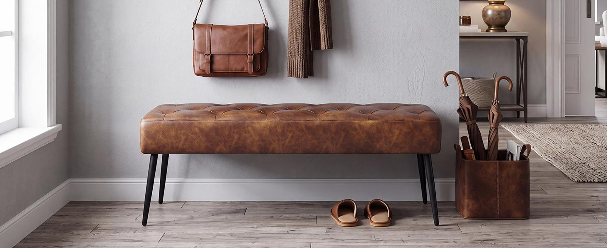 Bank met fluweel en kunstleer, gestoffeerde bank, make-up krukje, make-up tafel. Kleurkeuze, kleur: oranje-bruin, materiaal: kunstleer
