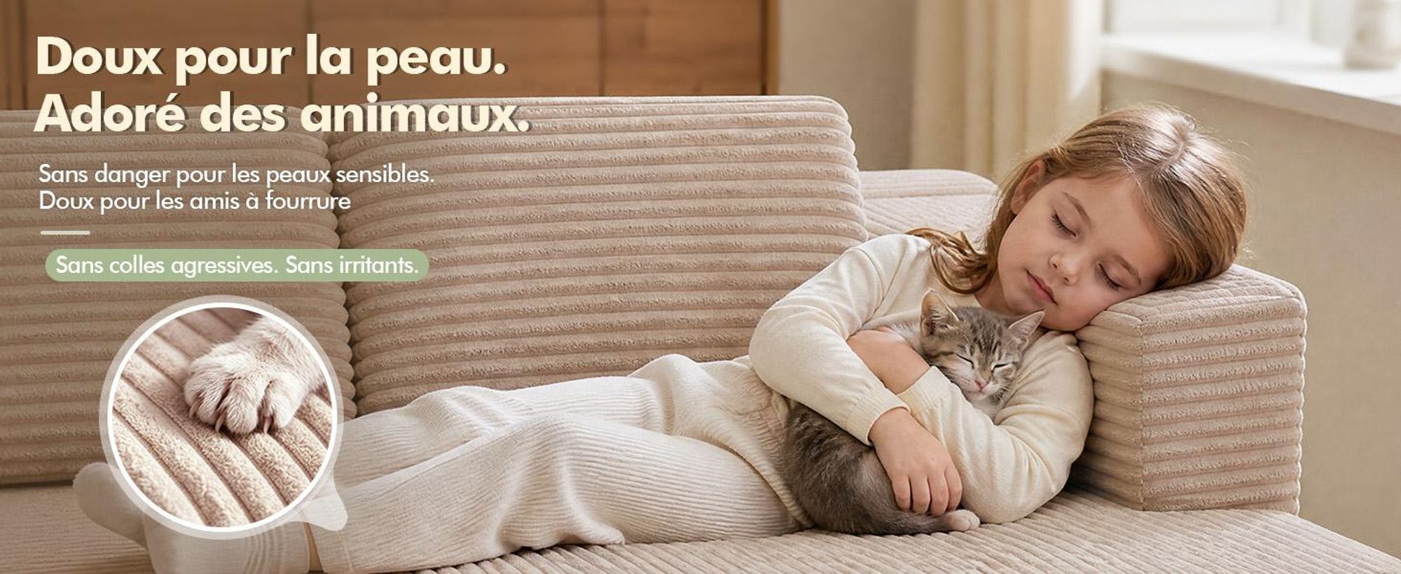 Canapé d'angle COMHOMA avec fonction convertible, 228 cm, en velours côtelé. Canapé modulaire sans structure visible, avec chaise longue et structure métallique pour le dossier. Canapé d'angle convertible avec ouverture