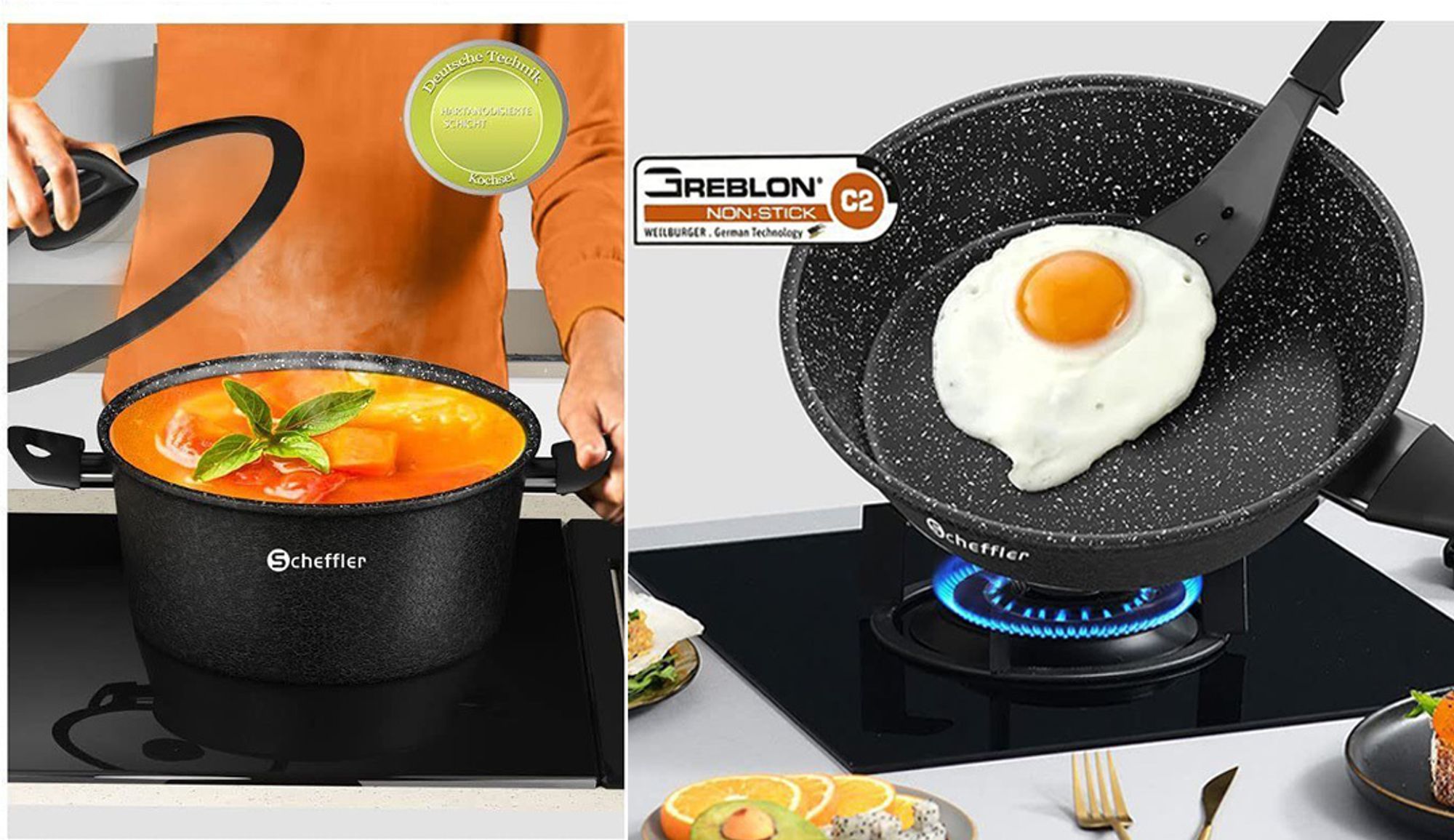 Scheffler Topfset, Induktions Töpfe Set 6-teilig, Antihaft-beschichtete Topfe, Kochtopf Set mit Glasdeckel, Spülmaschinenfest