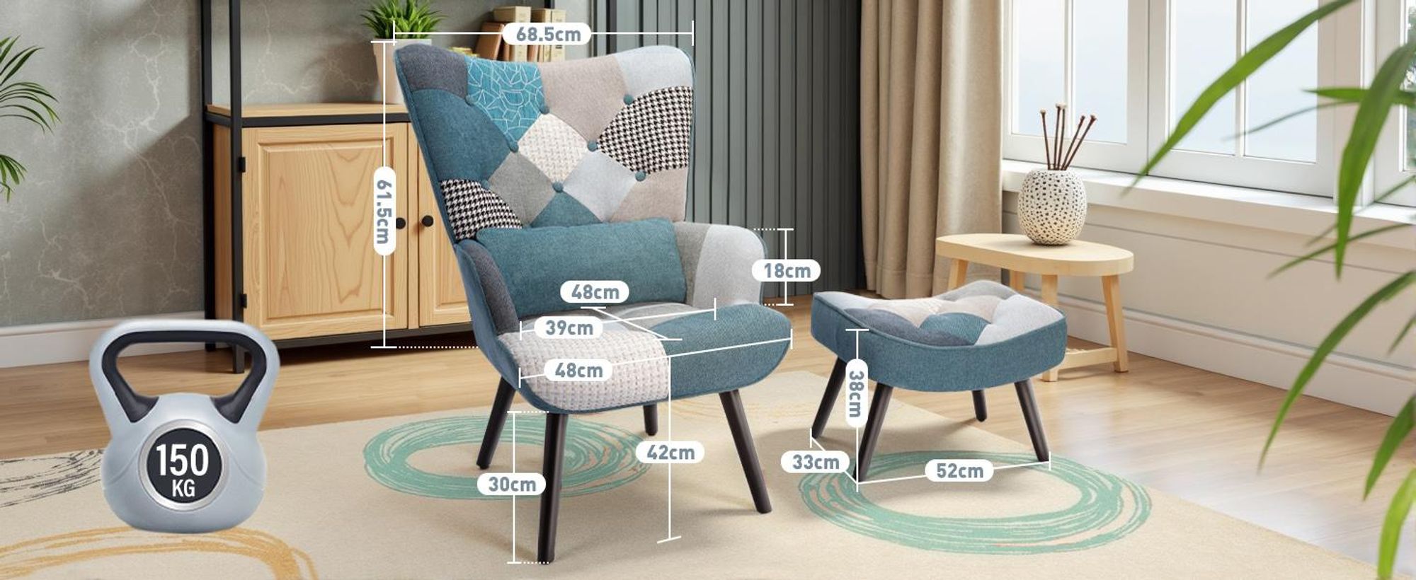 Patchwork Ohrensessel mit Hocker Massivholzbeine Lendenstützkissen, Leinenstoff und ergonomisches Design, für Wohnzimmer und Schlafzimmer, Blau