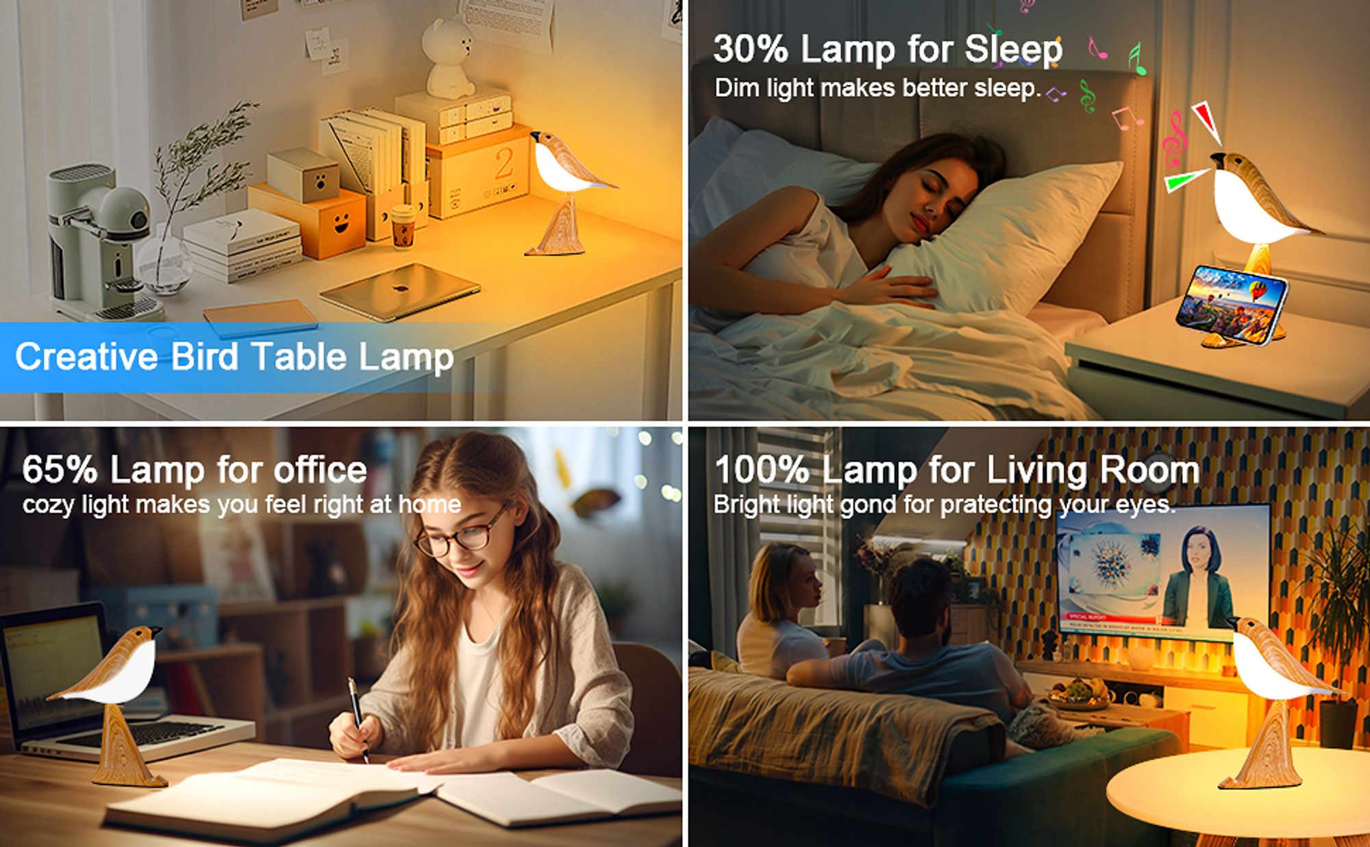 Kleine Vogeltischlampe,2600mAh USB kabellose Lampe,3 Farbtemperaturen,Smartphone Halterung,Aroma Diffusor,Vogelklang,tragbare Nachttischlampe(Gelb)