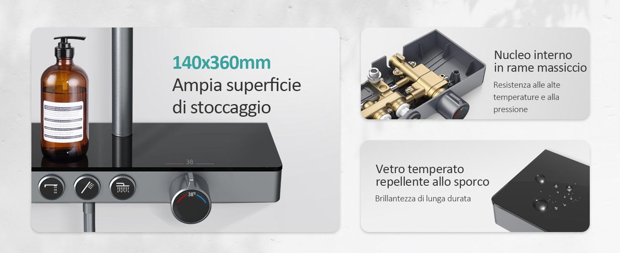 Sistema doccia EMKE con termostatico mensola in vetro doccetta 3 modalità di getto doccia a pioggia, rubinetteria per vasca e doccia,  KTW, grigio - F09
