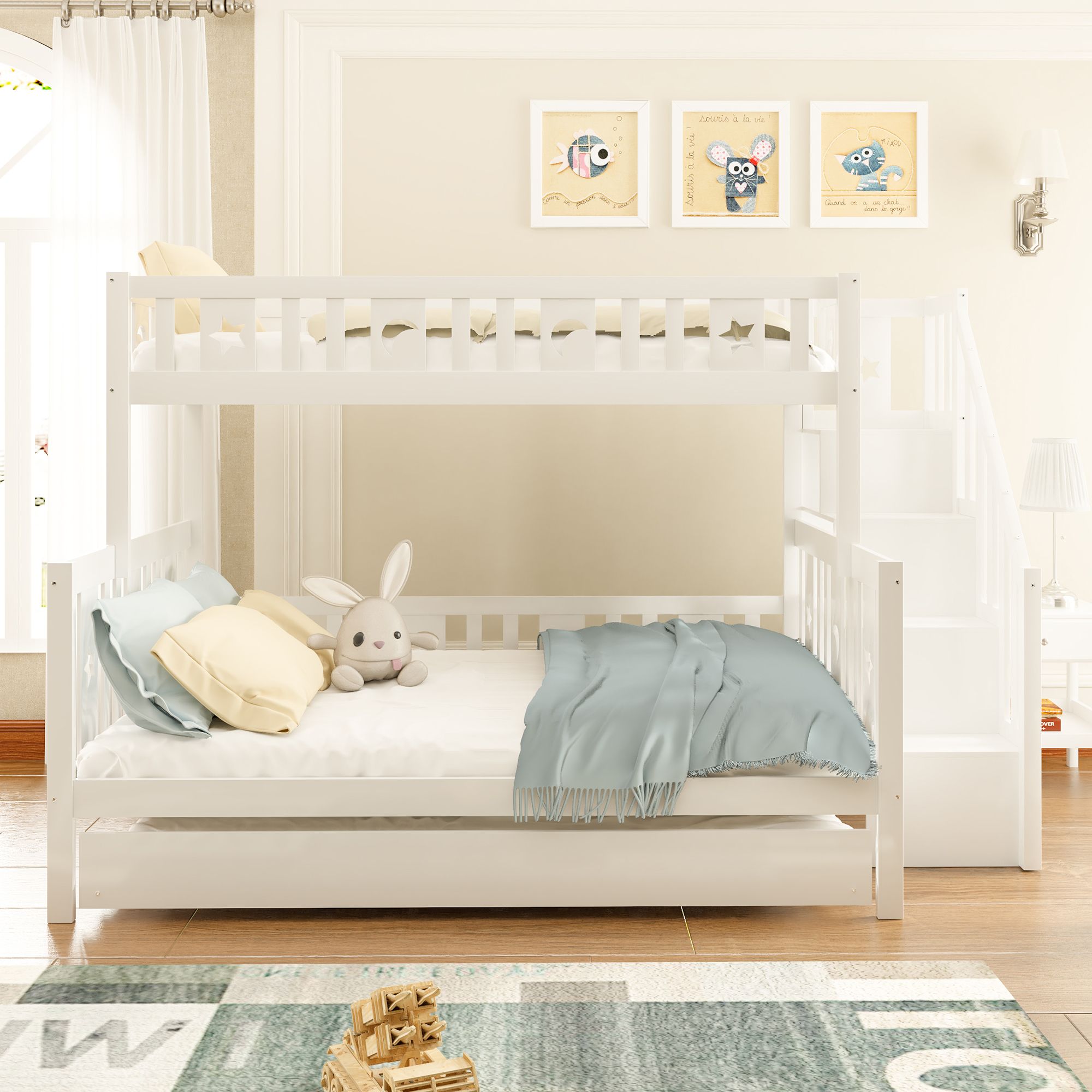 Merax Etagenbett 90x200/140x200cm mit Ausziehbett und Lagerregal, Kinderbett mit Treppe und Rausfallschutz, Kieferholzbett Stockbett Hausbett Jugendbe