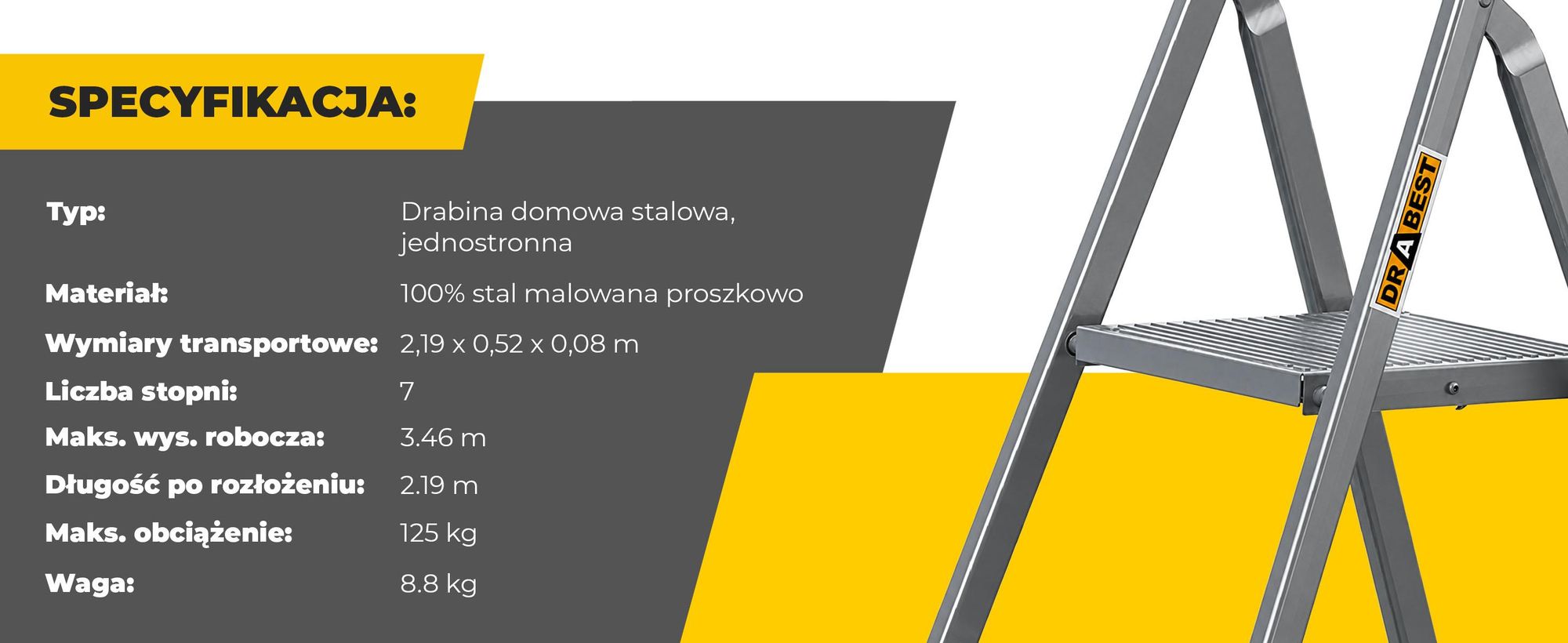 DRABEST | drabina - drabina stalowa - drabina domowa - drabina 7 stopni - składane stopnie -uniwersalna - udźwig do 125 kg