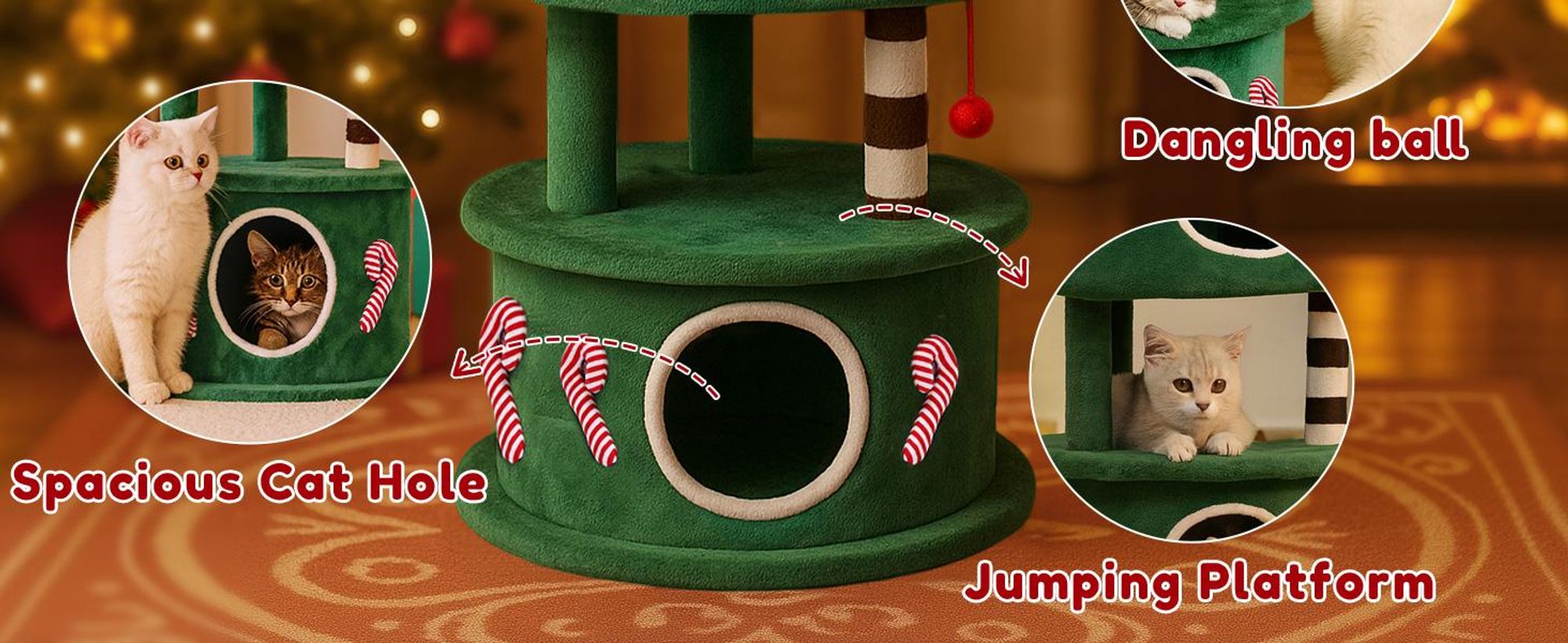 COMHOMA tiragraffi alto 144 cm con design ad albero di Natale, albero per gatti a più piani con casetta per gatti, piattaforme e palline da gioco, stabile albero da arrampicata per gatti