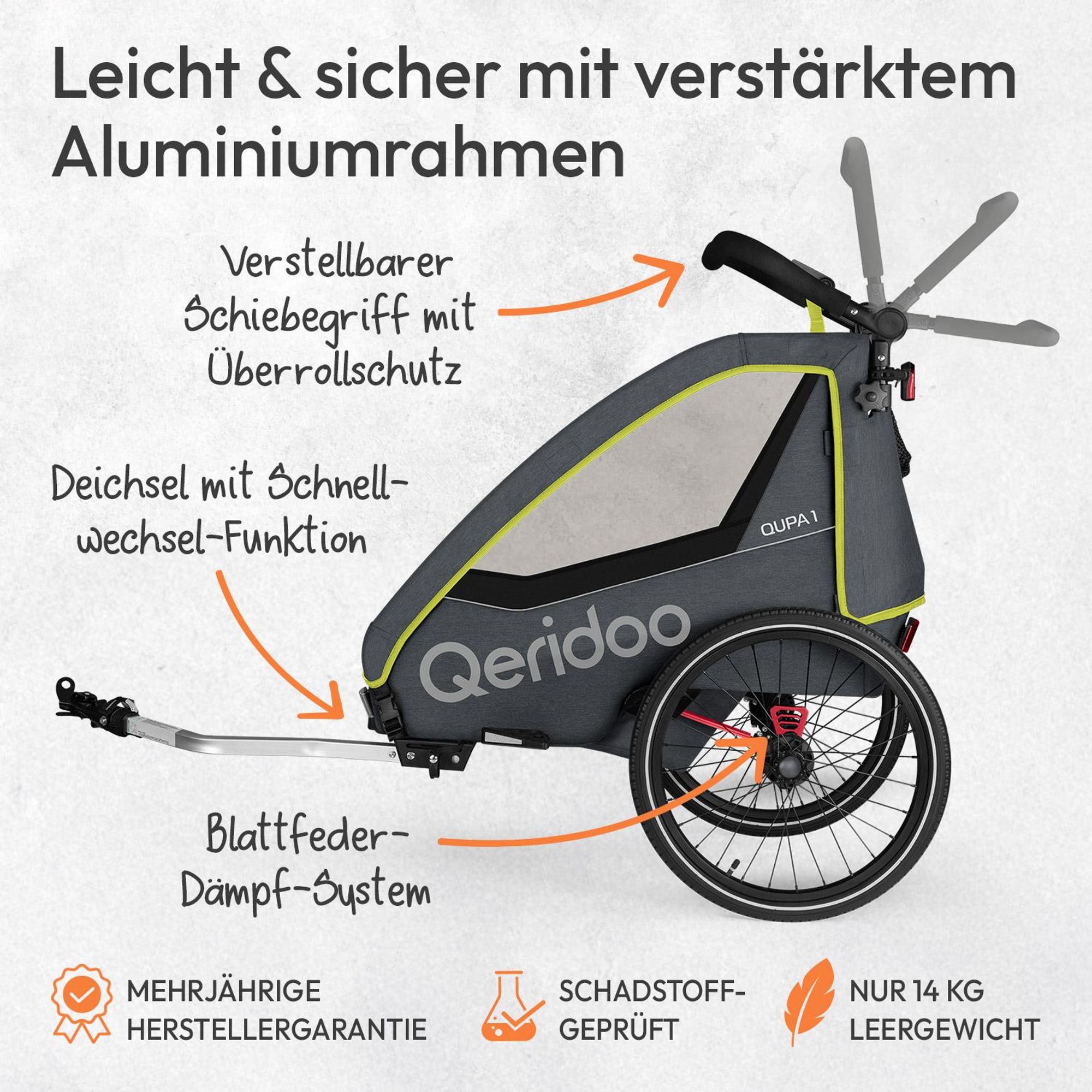 Qeridoo QUPA 1 - Kinderfahrradanhänger für 1 Kind, Farbe: Lime