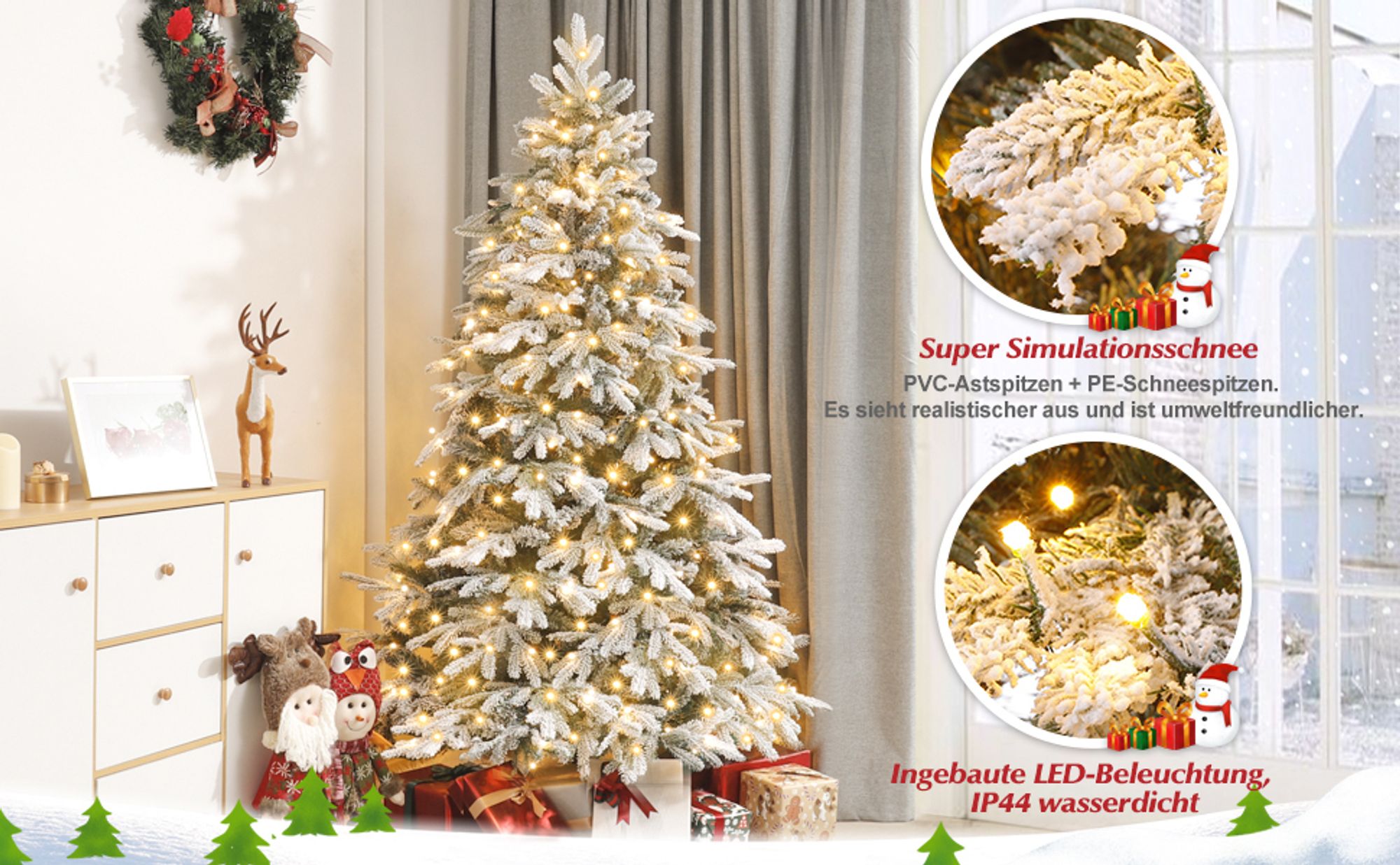 Yorbay 210cm Künstlicher Weihnachtsbaum Tannenbaum mit Beleuchtung Weiß Schneeflocken LED für Weihnachten-Dekoration
