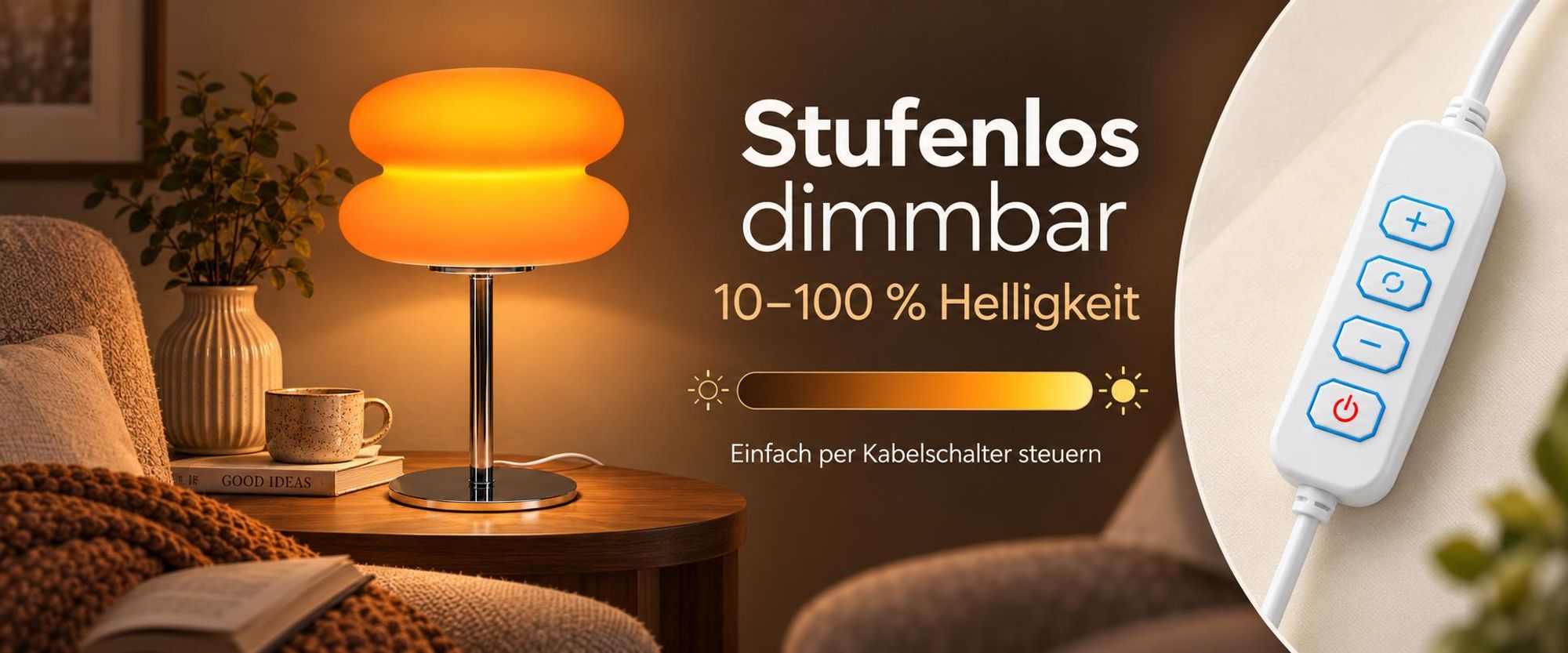 LED-Nachttischlampe im Retro-Design, dimmbare Tischleuchte mit 3 Lichtfarben und Kabelschalter, USB-betrieben, 5 W, Dekotischlampe, Orange