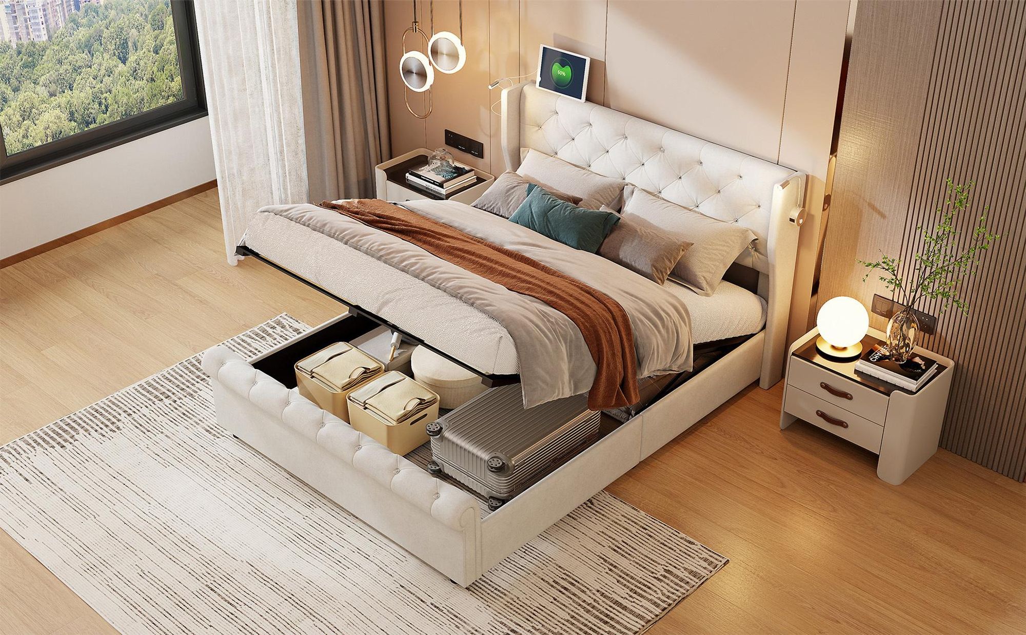 INONEFT Boxspringbett 160×200 mit Leselampe &USB ,Polsterbett mit Stauraum,Hydraulisches Doppelbett, Samt, Beige.