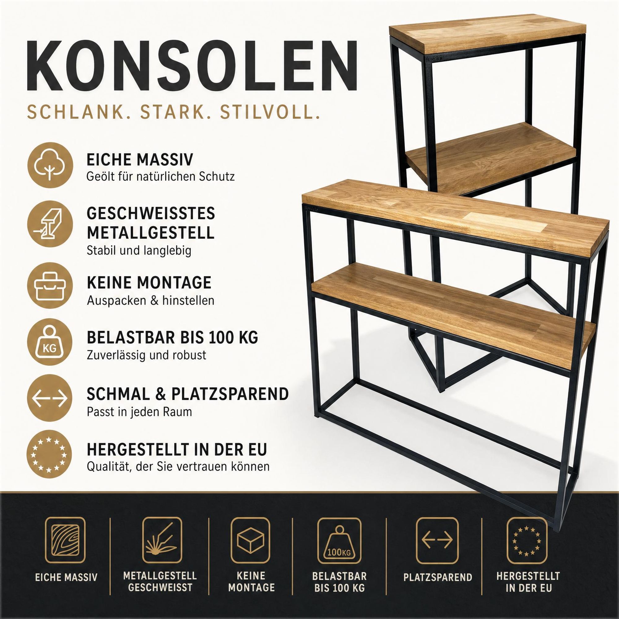 Loft- Möbelkonsole Holz 60x80x30cm doppelt