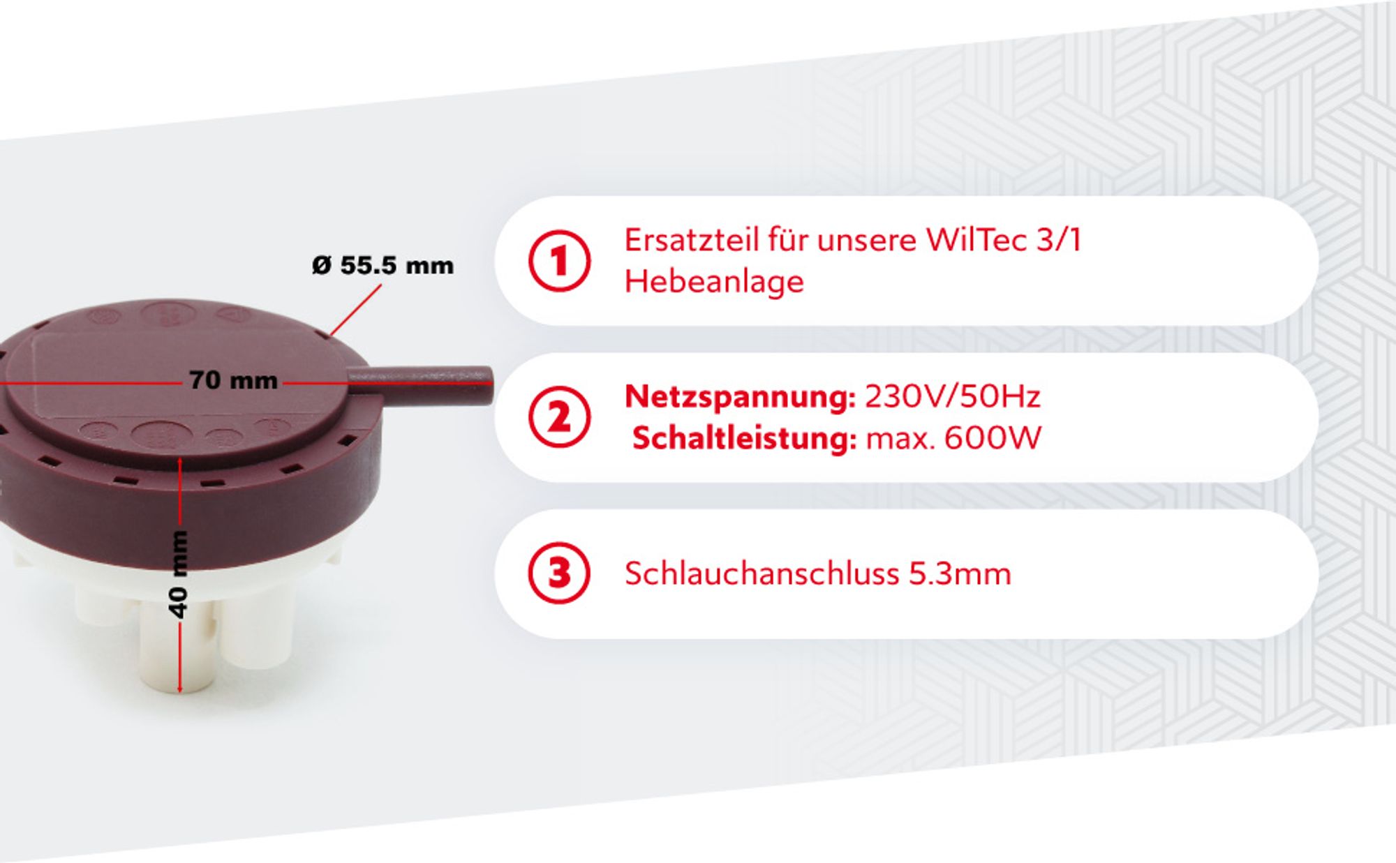 Wiltec Druckschalter für 3/1 Kleinhebeanlage 600 W, Ersatz Druckschalter für Hebeanlage, Ersatzteil mit Schlauchanschluss für Abwasserhebeanlage