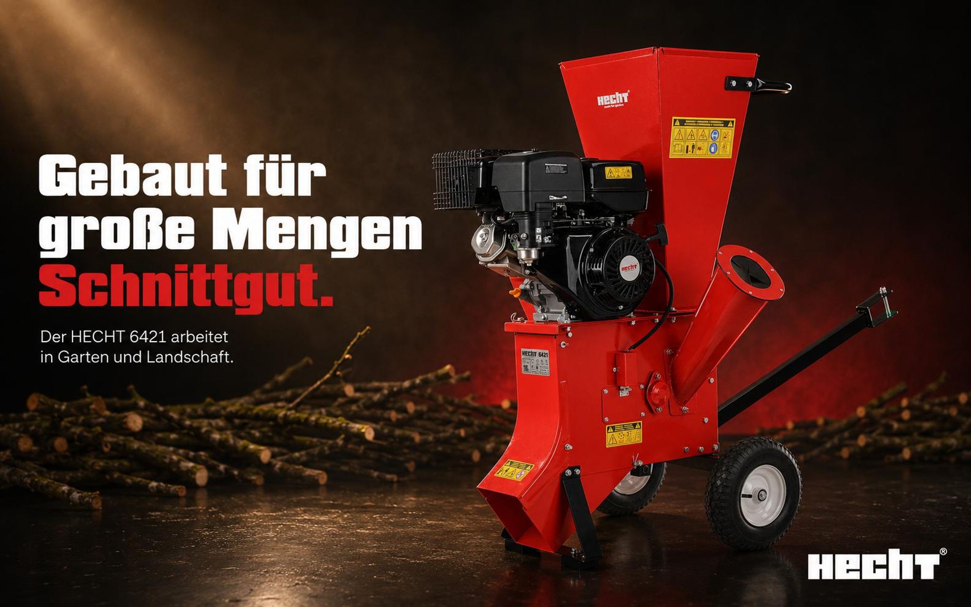 Gartenhäcksler Holzhäcksler Benzin HECHT 6421 | 9,7 kW / 13 PS | bis Ø 8,9 cm | Schlegeltrommel + 2 Häckselmesser 6,5 l Kraftstofftank