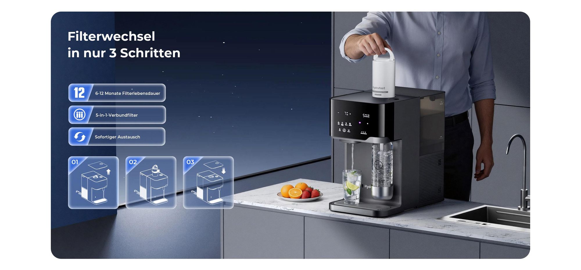 Hydrofast C300 RO Wasserfilter mit Sprudelfunktion inkl. HF04 5-in-1 Ersatzfilter, UV, 7°C Kaltwasser, Heißwasser