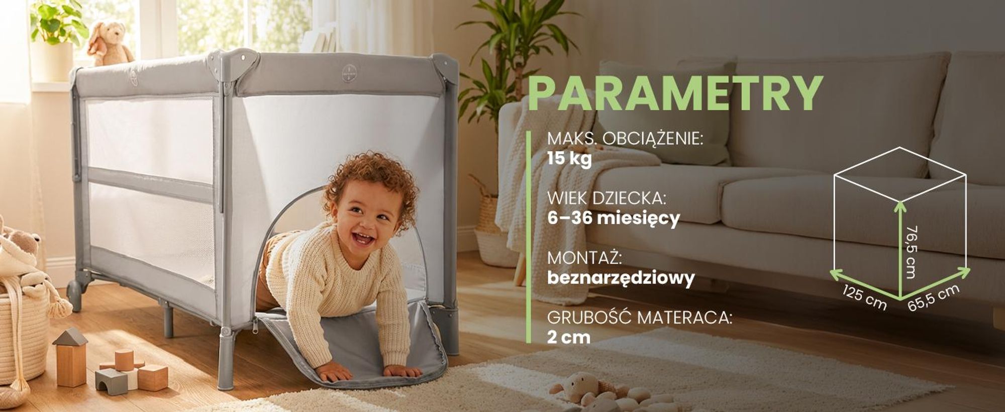 Łóżeczko turystyczne o wymiarach 60*120 cm z dwoma poziomami wysokości