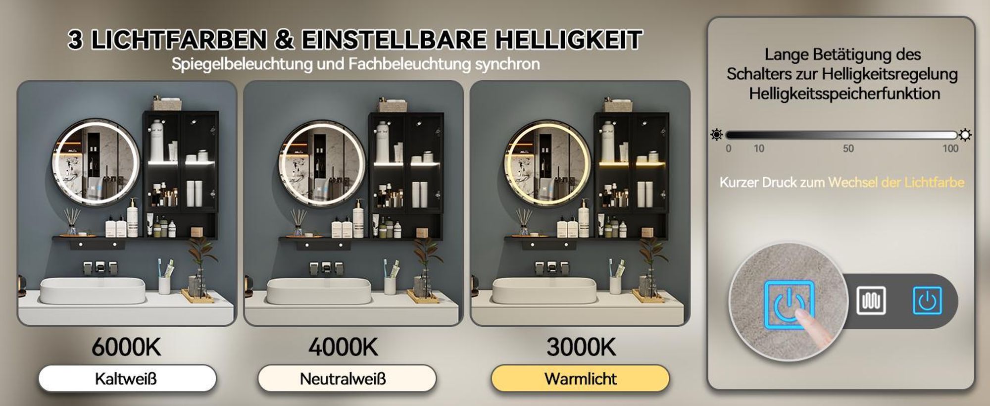 Puluomis Spiegelschrank LED Badspiegel mit Schrank und offenen Fächern, 3 Lichtfarben & dimmbar, Antibeschlag, Touch-Steuerung Wandschrank schwarz