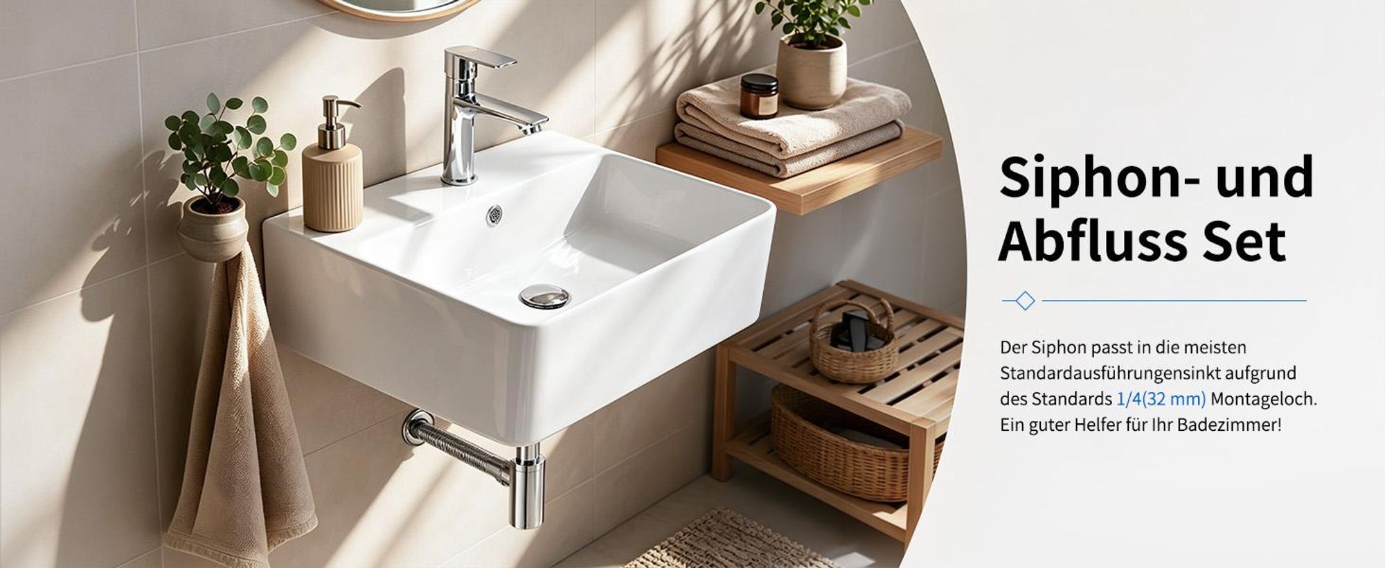 Siphon Pop Up Ablaufgarnitur mit Überlauf Universal Röhrensiphon Set für Waschbecken Waschtisch Bad Geruchsverschluss Stöpsel Abfluss Garnitur Chrom