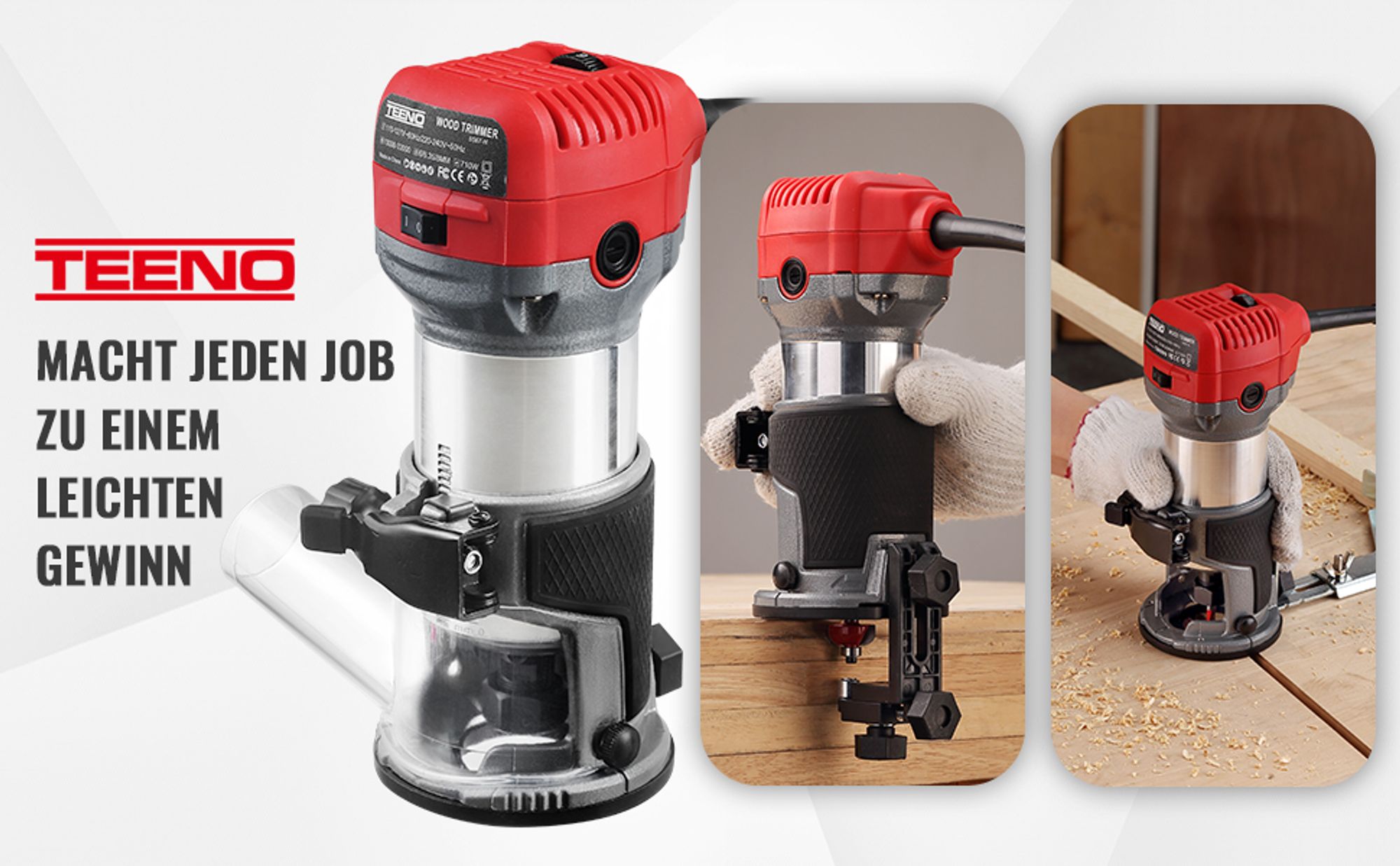TEENO Holzfräse 710W 13000–33000 U/min mit Staubabsaugungsanschluss, 15 Stück 1/4" Fräsen Cuter, 6 Geschwindigkeiten, Spannzange 6MM, 6.35MM, 8MM