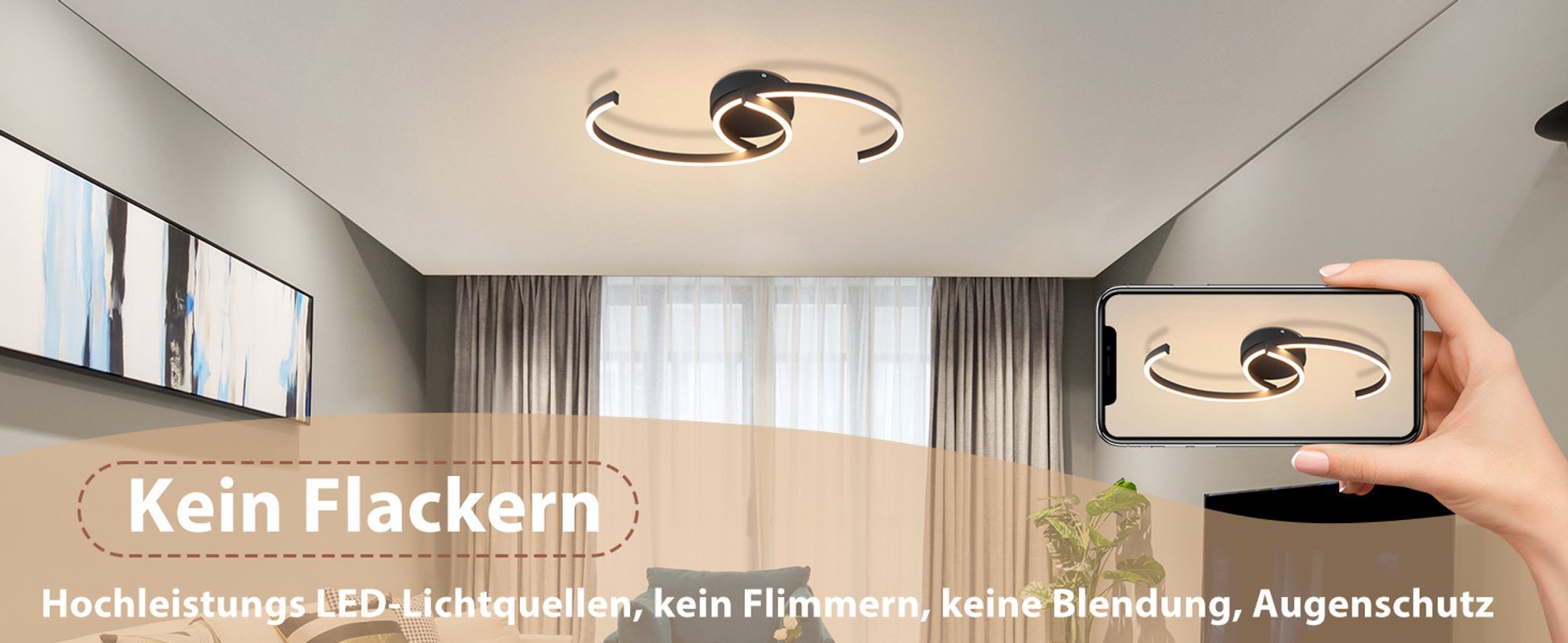 ZMH Deckenlampe LED Deckenleuchte Wohnzimmer 24W Modern Design Wohnzimmerlampe Schwarz 3000K Warmweiß Küchenlampe Flur Schlafzimmerlampe 330° Drehbarer 2-Ringen Metall Deckenleuchten für Küche Büro