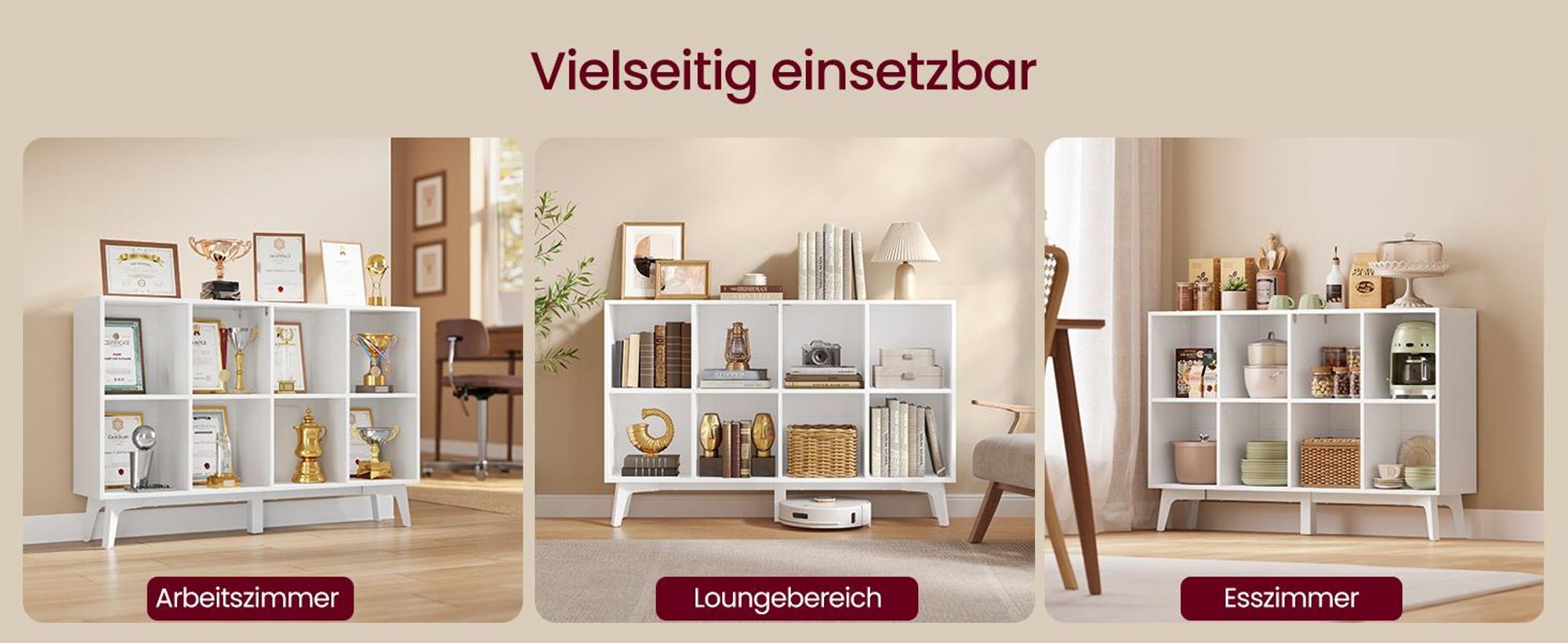 VASAGLE Bücherregal Standregal mit 8 Fächern Holzregal Mid-Century Modern 119,6 x 24 x 77 cm Weiß