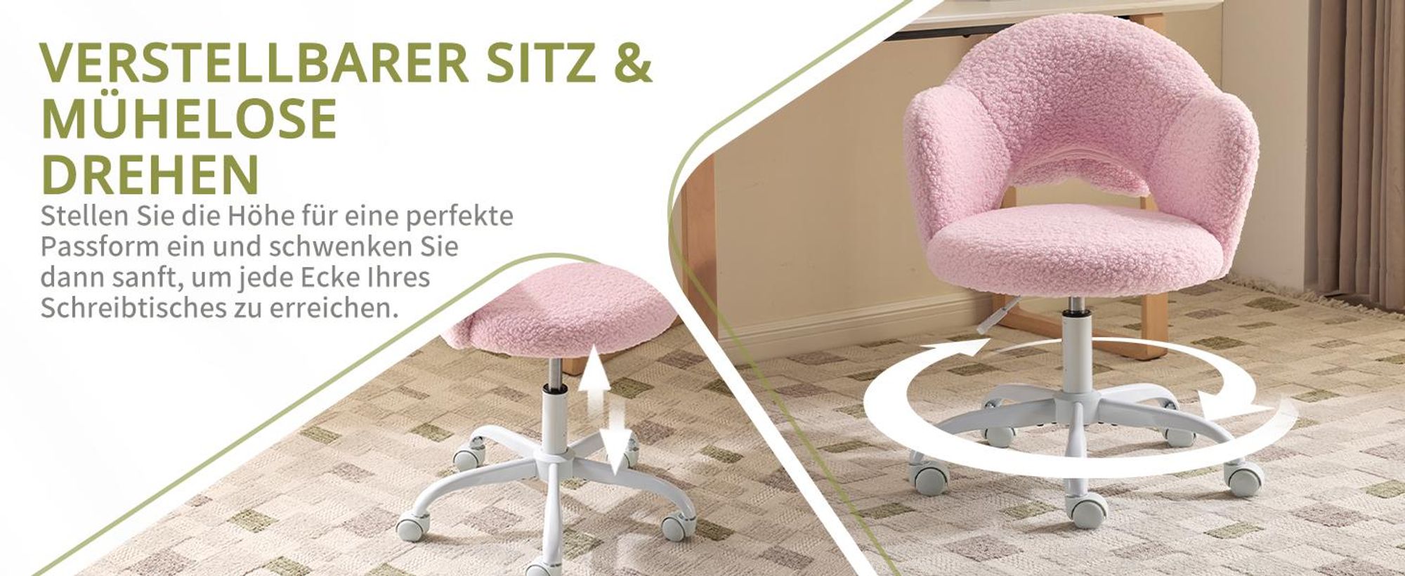 Alightup Drehstuhl in Blütenform mit Lendenkissen,Schreibtischstuhl, Gasfeder, Bezug aus Lammfellstoff, 1 Stück, 59×57×76‑85,5 cm, 360°, Rosa