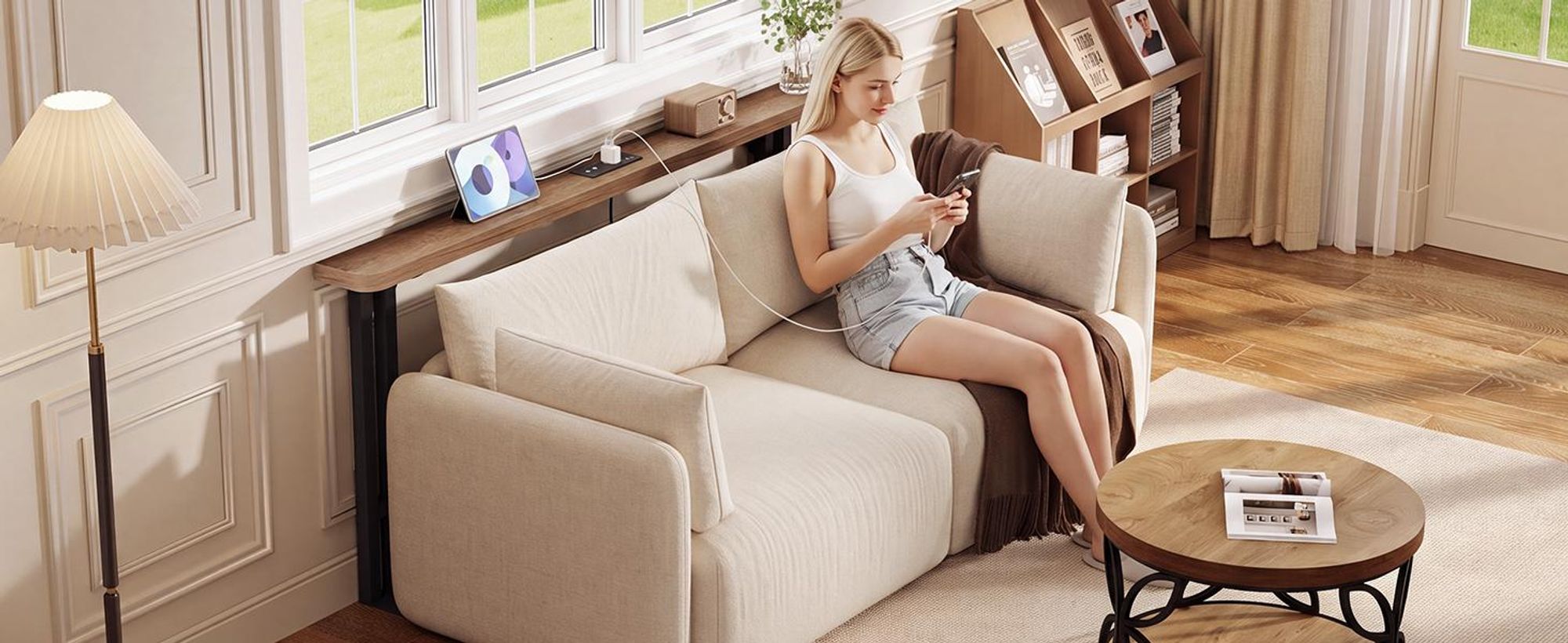 Schmaler Konsolentisch (180 cm) mit Steckdose, Rustikales, Schmaler Sofatisch mit Ladestation – langer Tisch für hinter das Sofa