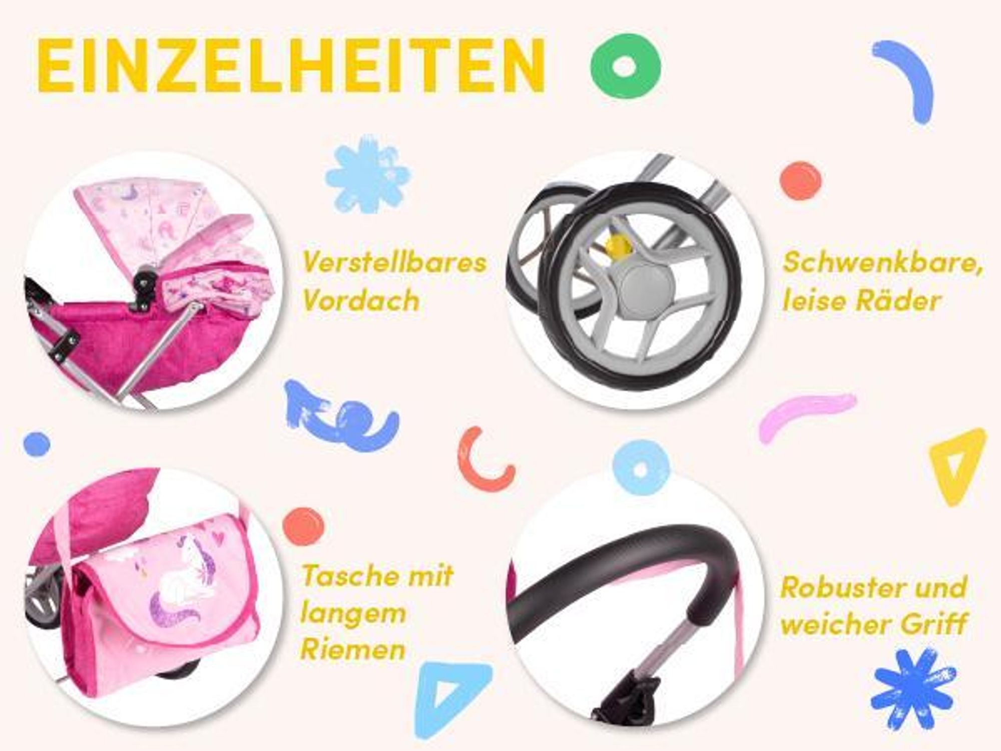 Rosa zusammenklappbarer Puppenwagen mit Tasche und verstellbarem Sonnendach
