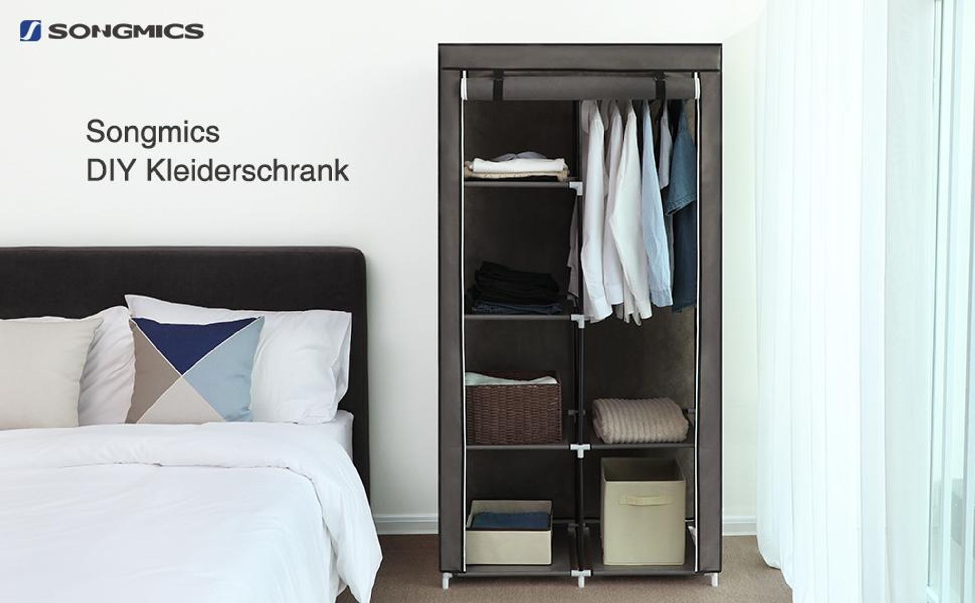 SONGMICS Kleiderschrank mit 1 Kleiderstange 6 Ablage Vliesstoff, Grau