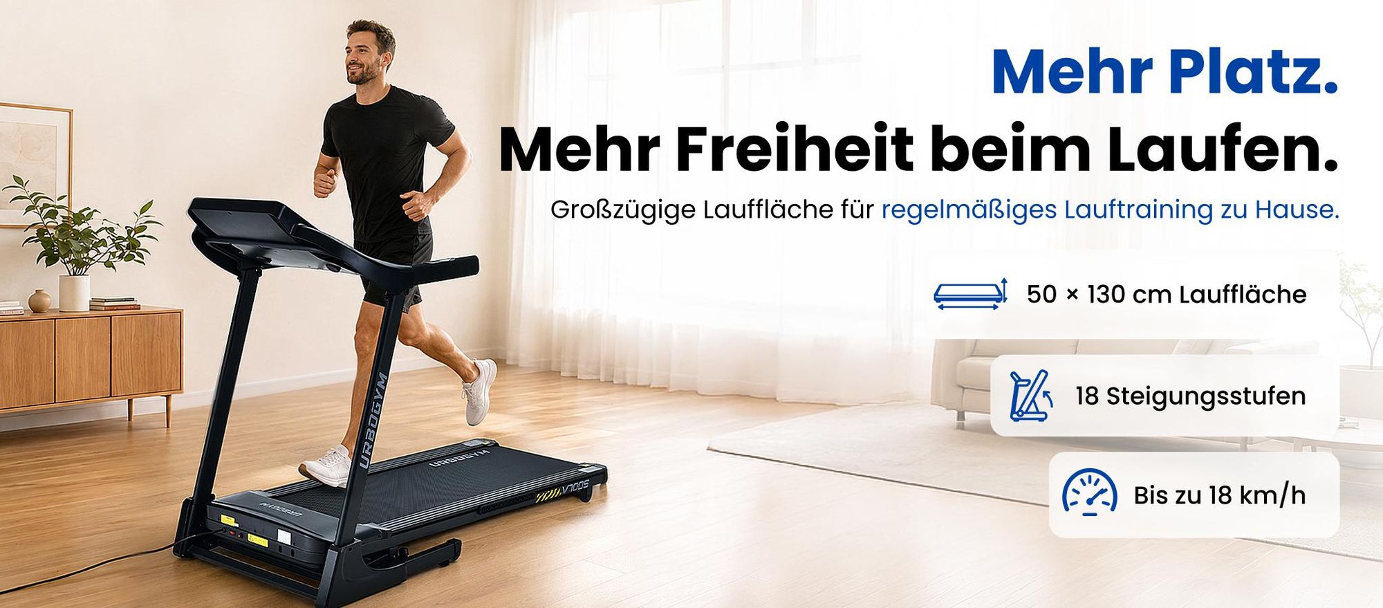 URBOGYM V700S Laufband – 18 km/h, automatische Steigung mit 18 Stufen, Lauffläche 50 × 130 cm, bis 140 kg, klappbar, FITSHOW