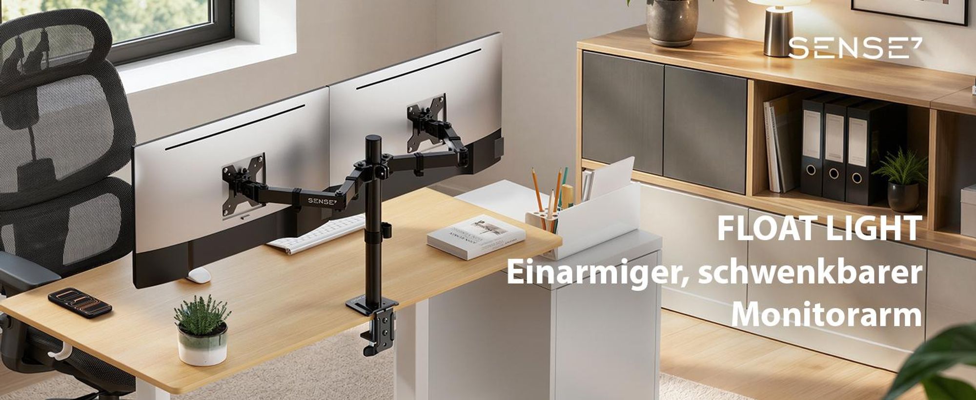 SENSE7 HANG LIGHT DOUBLE Dual Monitor Halterung 17-32 Zoll VESA 2x9kg Pivot Gasfeder Schreibtisch 2 Bildschirme Schwarz Ergonomisch