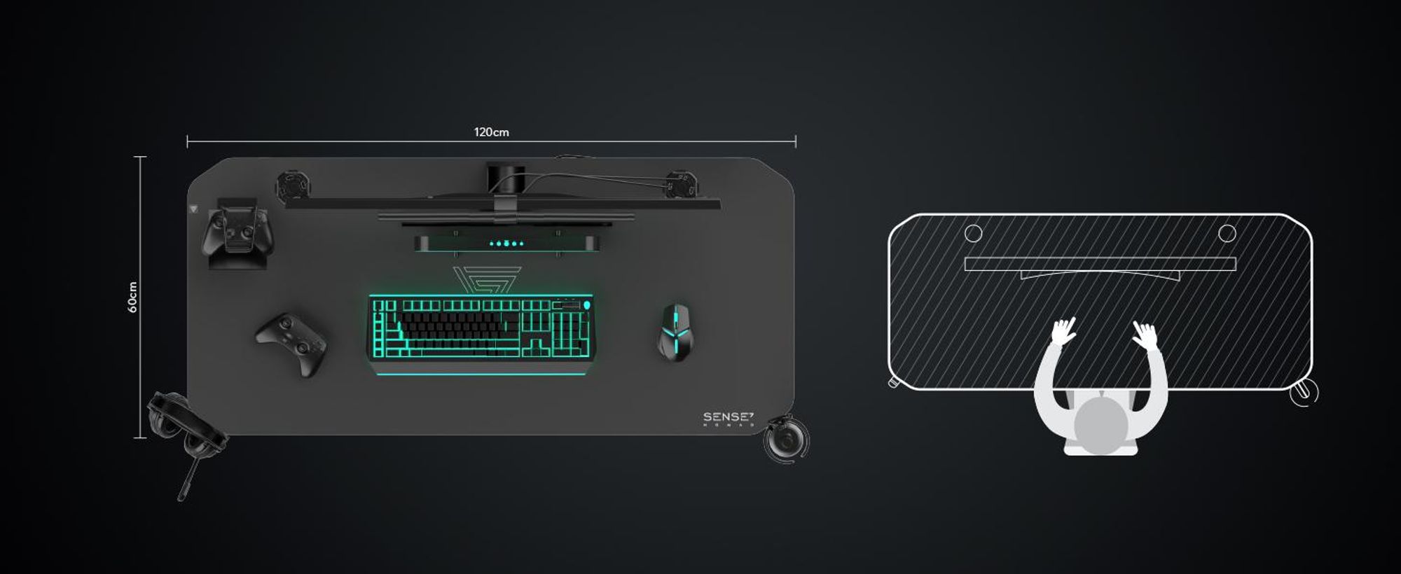 Herný stôl SENSE7 Nomad Classic – písací stôl 120 x 60 cm vrátane podložky pod myš XXL, počítačový stôl, stôl pre PC, herný stôl, stôl pre hráčov, organizácia káblov, čierny