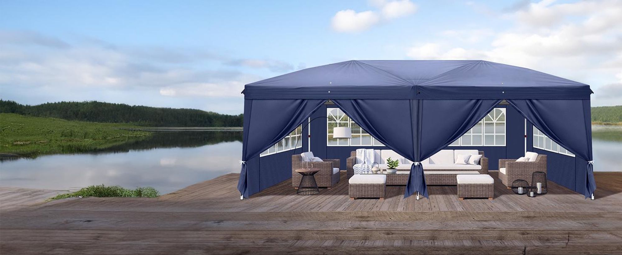 FCH Faltpavillon 3x6 m, mit 6 Seitenwänden, Partyzelt wasserabweisend UV-Schutz 50+, höhenverstellbarer Gartenpavillon, mit Tragetasche，Blau