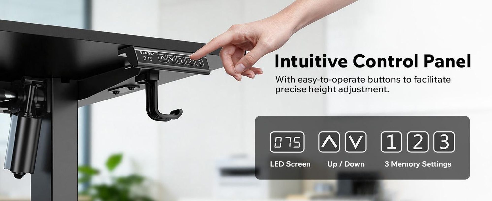 SENSE7 NOJO Light – elektricky výškově nastavitelný podstavec k psacímu stolu | 72–118 cm, paměťová funkce, držák na sluchátka, max. nosnost 70 kg, ocelový podstavec