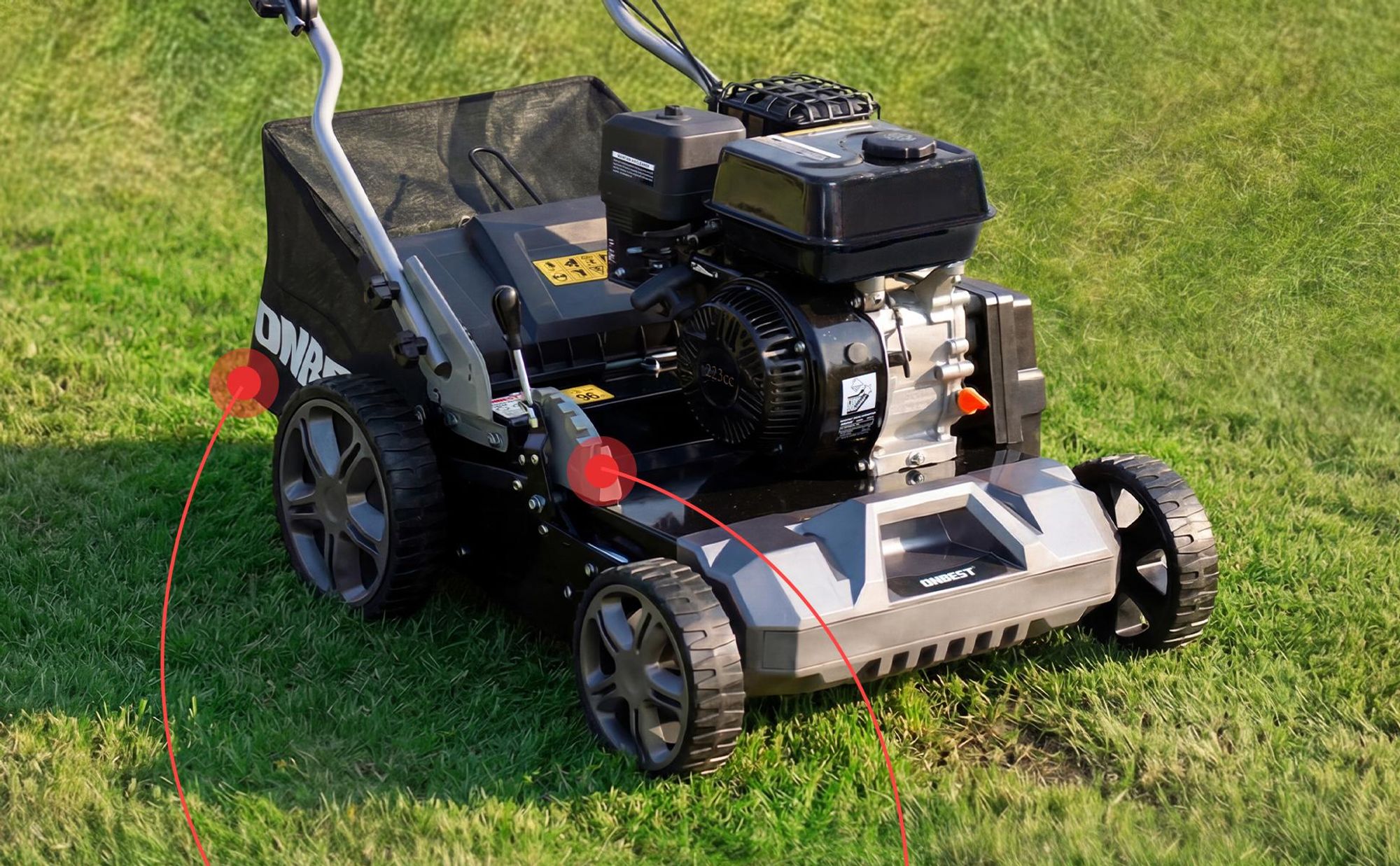 Vertikutierer Benzin ONBEST S4544 | 2in1 Rasenlüfter | 44 cm Arbeitsbreite | 4,5 kW / 6,12 PS | 45 L Fangkorb