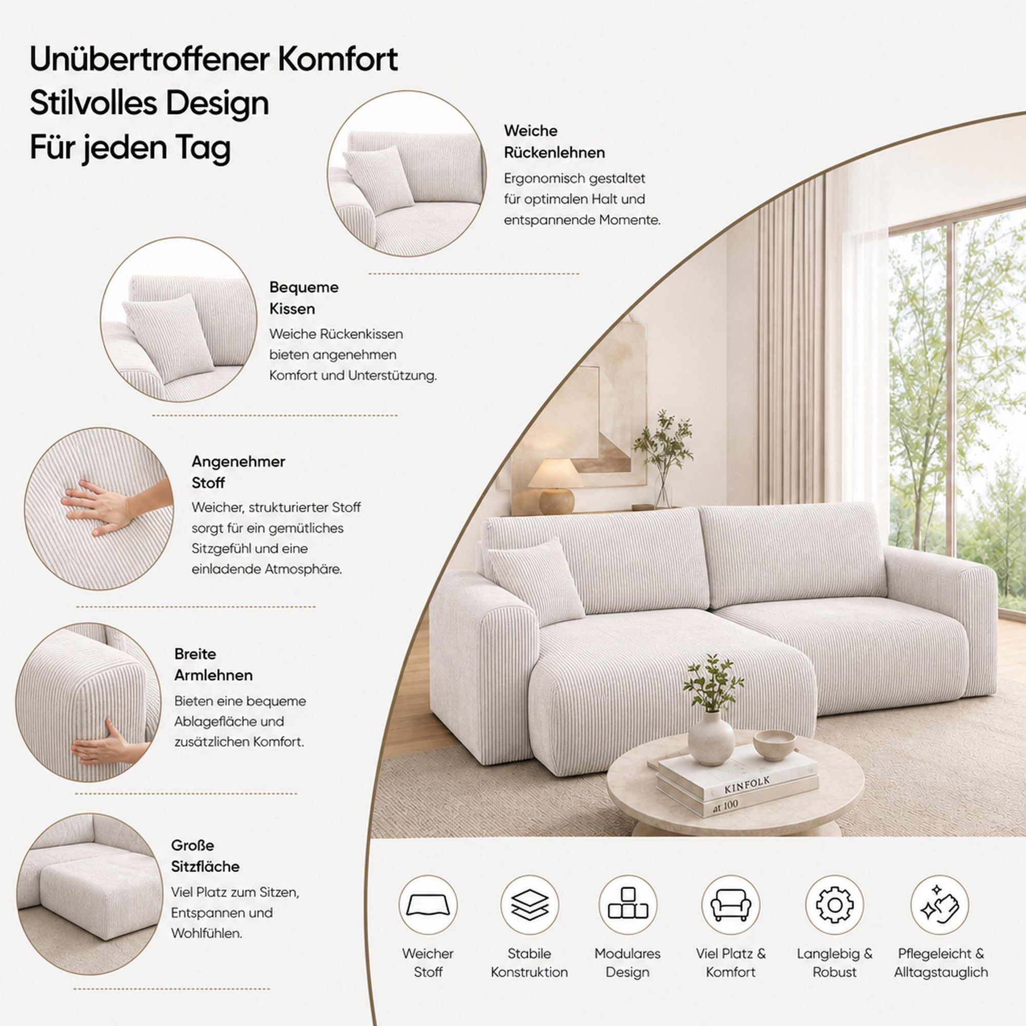 VENASI ROMA Universell Ecksofa mit Schlaffunktion und Bettkasten Cord BRAUN Schlafsofa Sofa