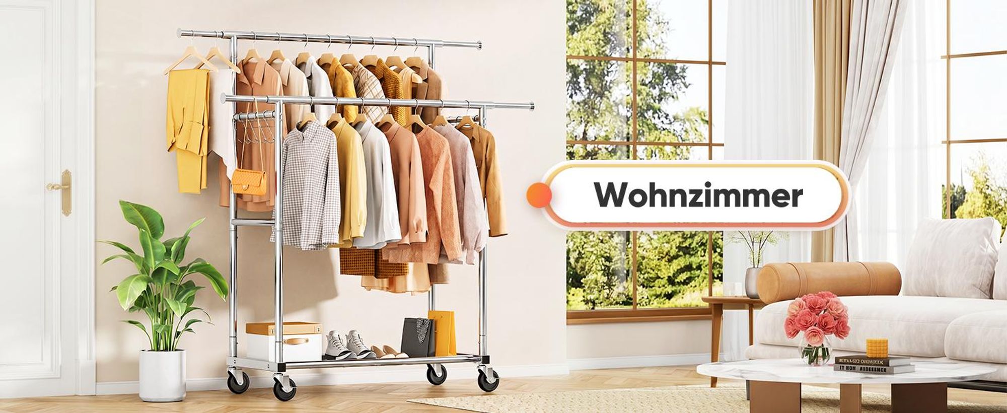 HOKEEPER Kleiderständer Schwerlast-Kleiderstange 204kg Kleiderständer mit Rädern Doppelstab-Garderobenständer zum Aufhängen von Kleidung Tragbarer