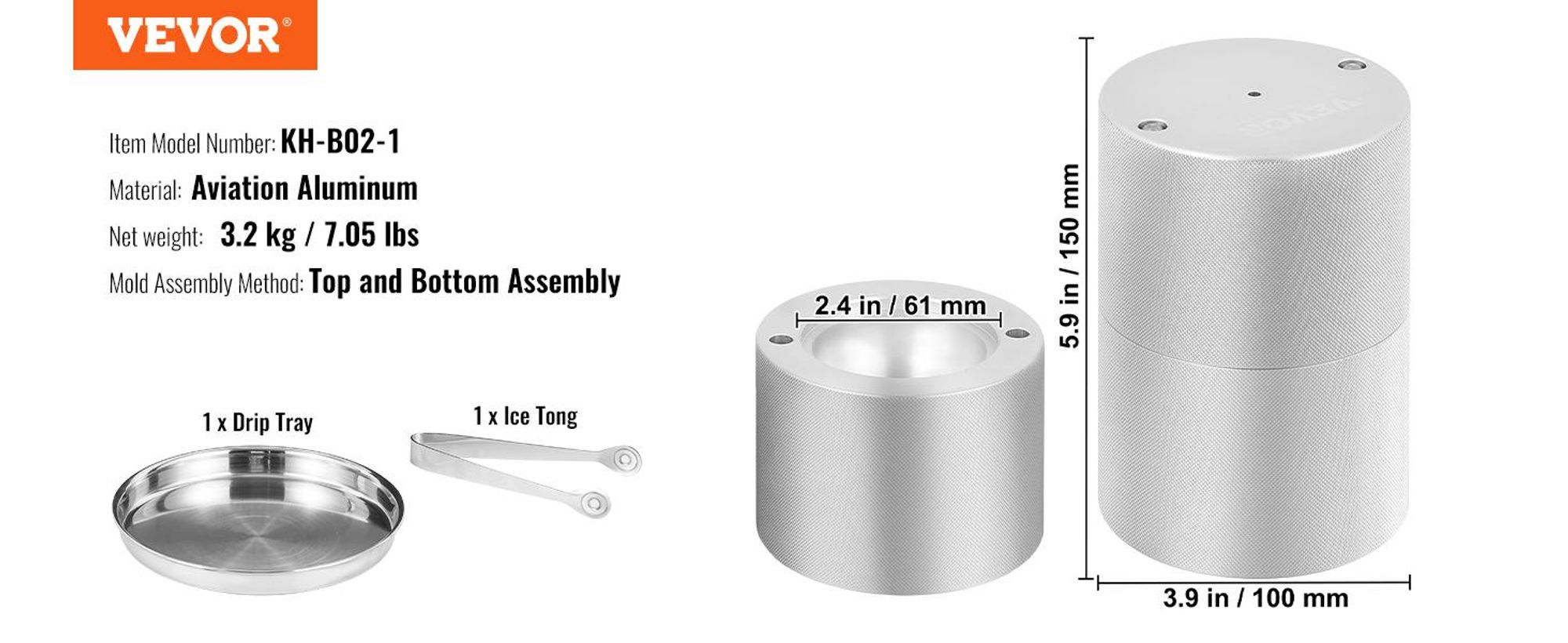 VEVOR Eiskugelpress, 2,4" Eiskugelhersteller, Flugzeug-Aluminiumlegierung Eiskugelpress-Kit für 60mm Eiskugel, Eispresse mit Zange und Tropfschale, für Whiskey, Cocktail, Bourbon, Scotch auf Party & Feiertag, Schwarz, Silber-a, Basis Geschenkbox-b