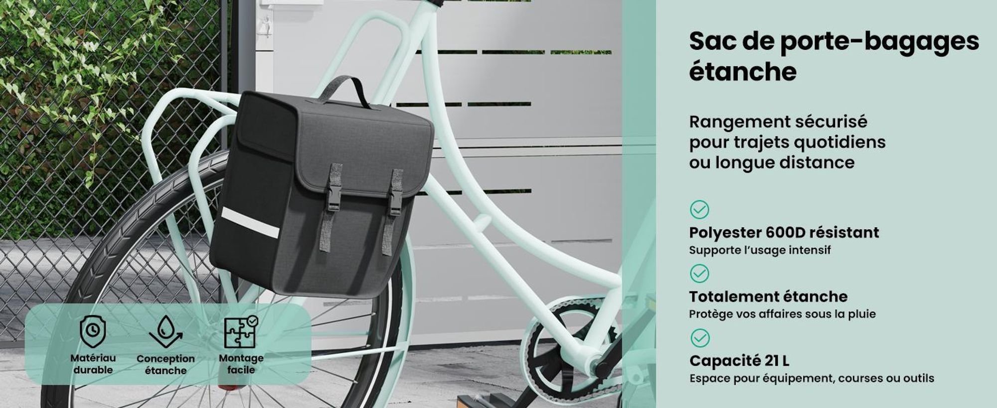 vidaXL Sacoche de vélo pour porte-bagages étanche 21 L noire