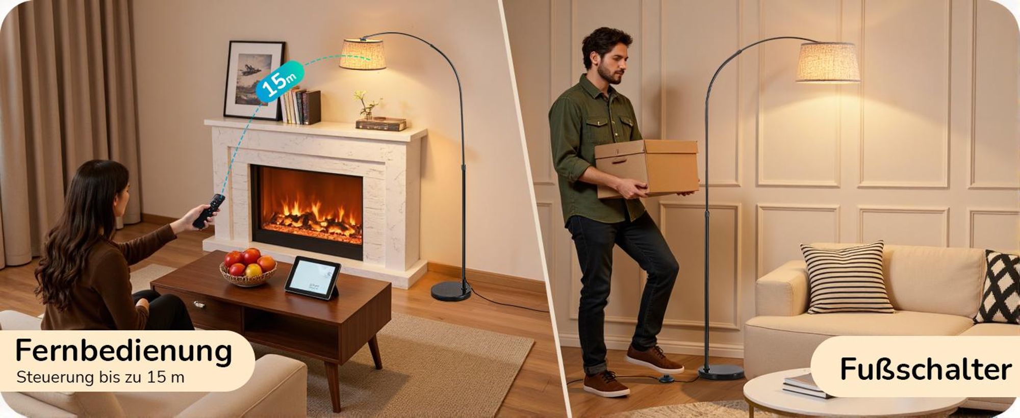 EDISHINE Stehlampe Dimmbar Wohnzimmer, Bogenlampe 143-176 cm verstellbar, mit drehbarem Lampenkopf, magnetische Fernbedienung