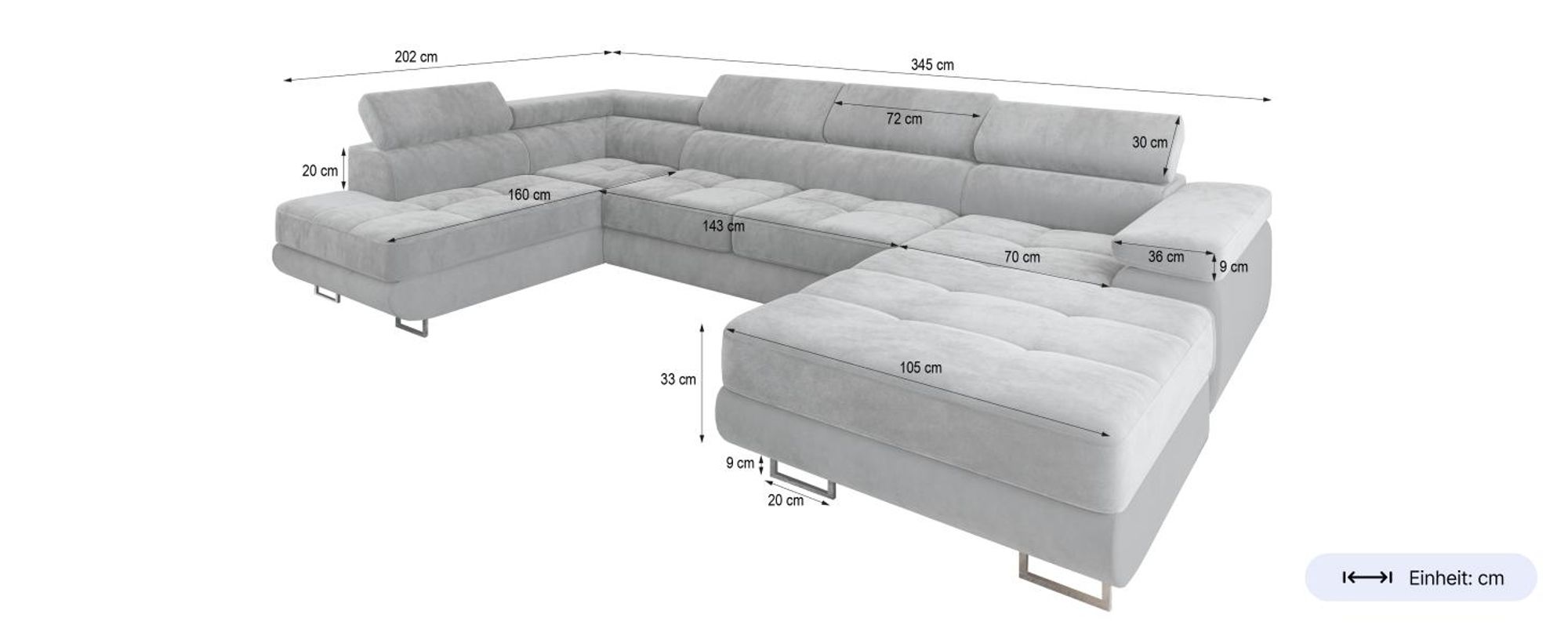 Masseno Ecksofa CASONE L-S mit Schlaffunktion U-Form, Sofa mit Bettkasten, Wohnzimmersofa, Couch, Soffa, Bettsofa, Couchgarnitur- Creme, MONOLITH 04