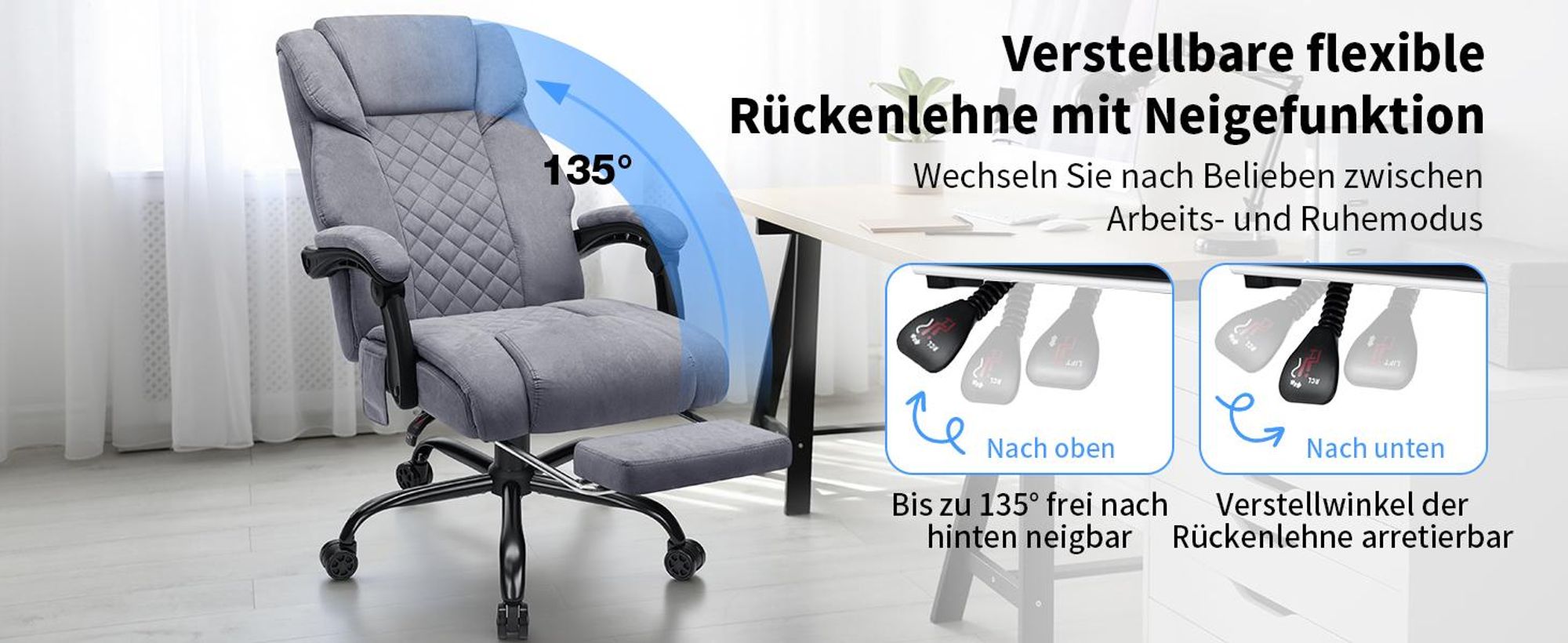 HOFFREE Massage-Bürostuhl mit Wärme & 7 Vibrationspunkten, 180° neigbar, Fußstütze, 200 kg Tragkraft, Chefsessel für große Personen, Grau