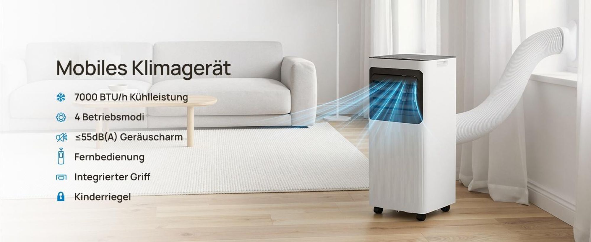 ZELURXX Mobile Klimaanlage 7000 BTU/h, 4 in 1 Klimagerät mit Abluftschlauch, LED-Display, Fernbedienung, 24H Timer, 2 Lüftungsstufen, Weiß